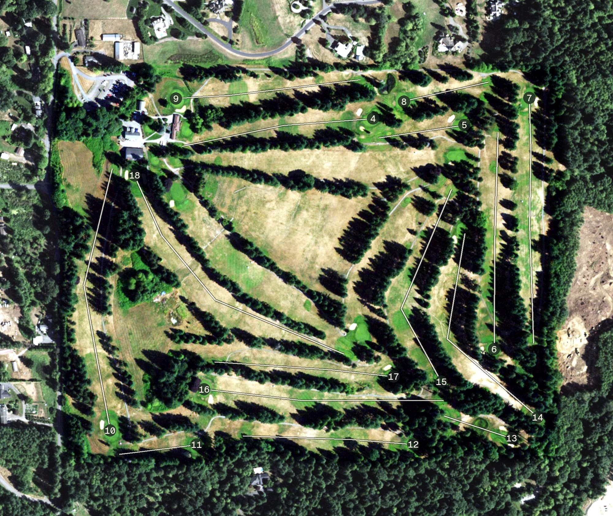 Aerial view of Snohomish Golf Course, WA, with its hole routing marked