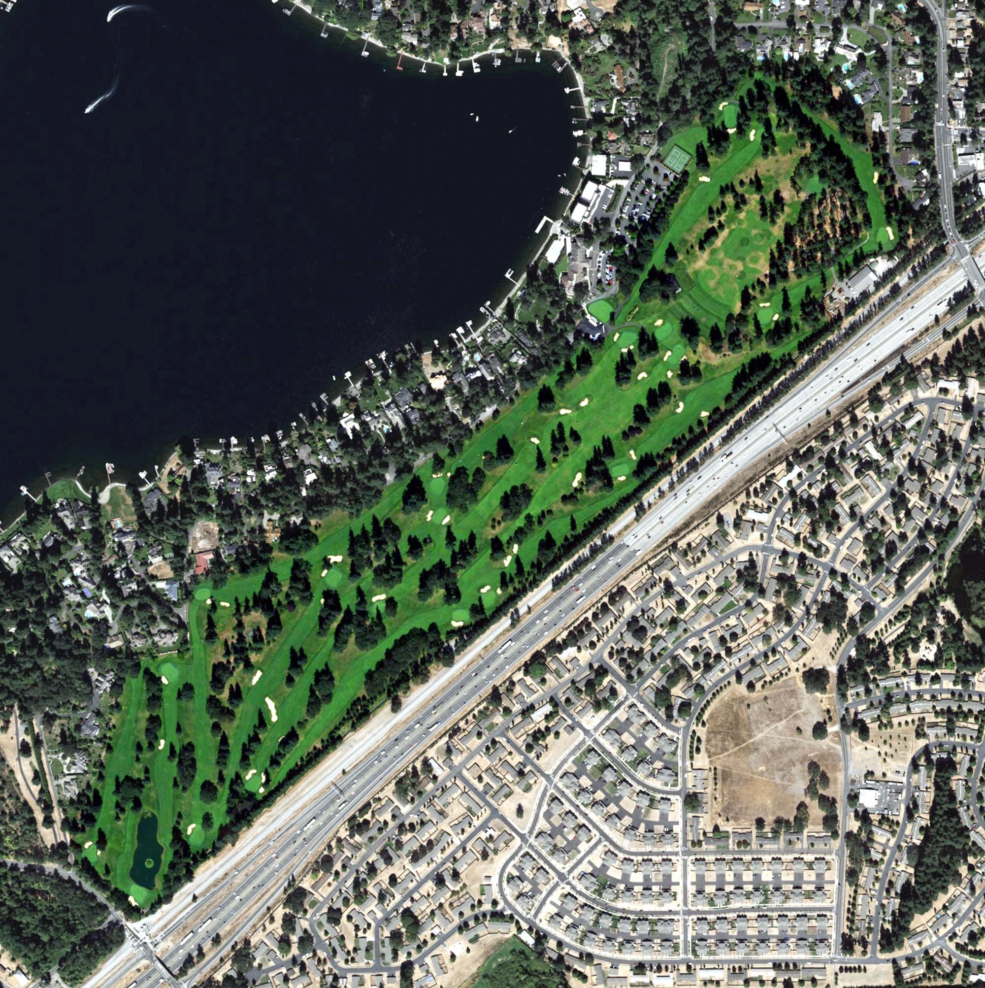 Aerial view of Tacoma Country & Golf Club, WA, with its hole routing marked