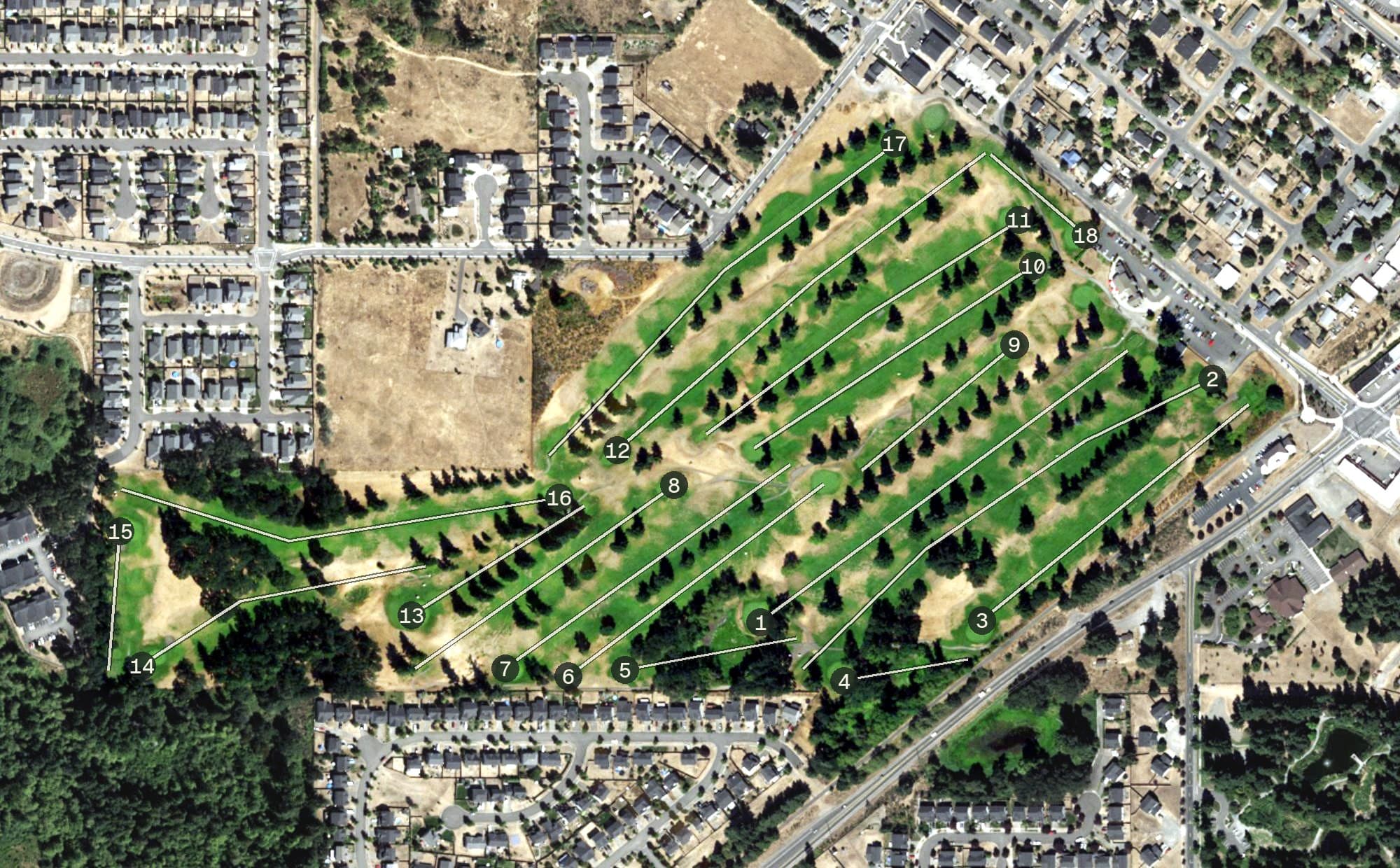 Aerial view of Tahoma Valley Golf and Country Club, WA, with its hole routing marked