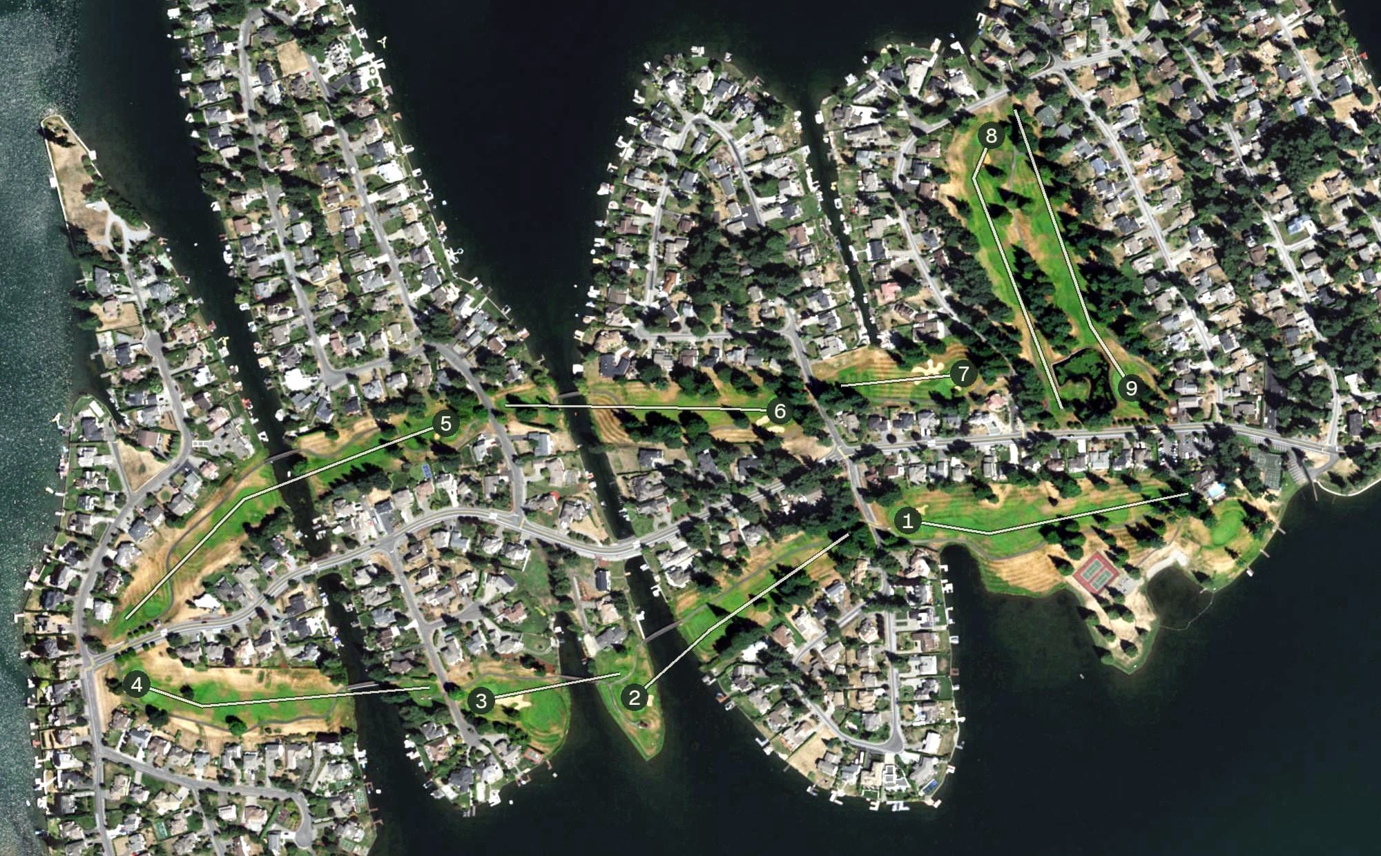 Aerial view of Tapps Island Golf Course, WA, with its hole routing marked