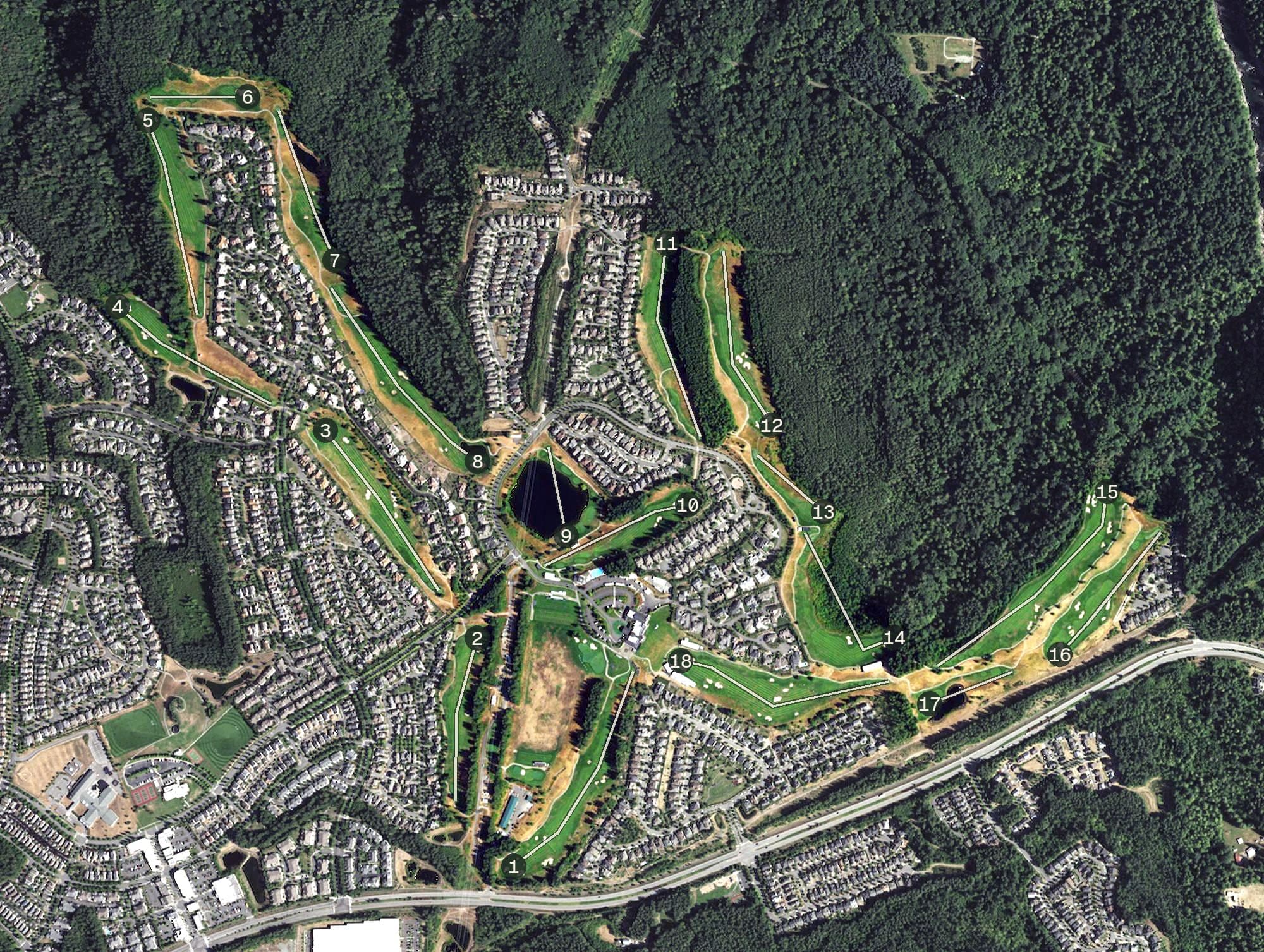 Aerial view of The Club at Snoqualmie Ridge, WA, with its hole routing marked