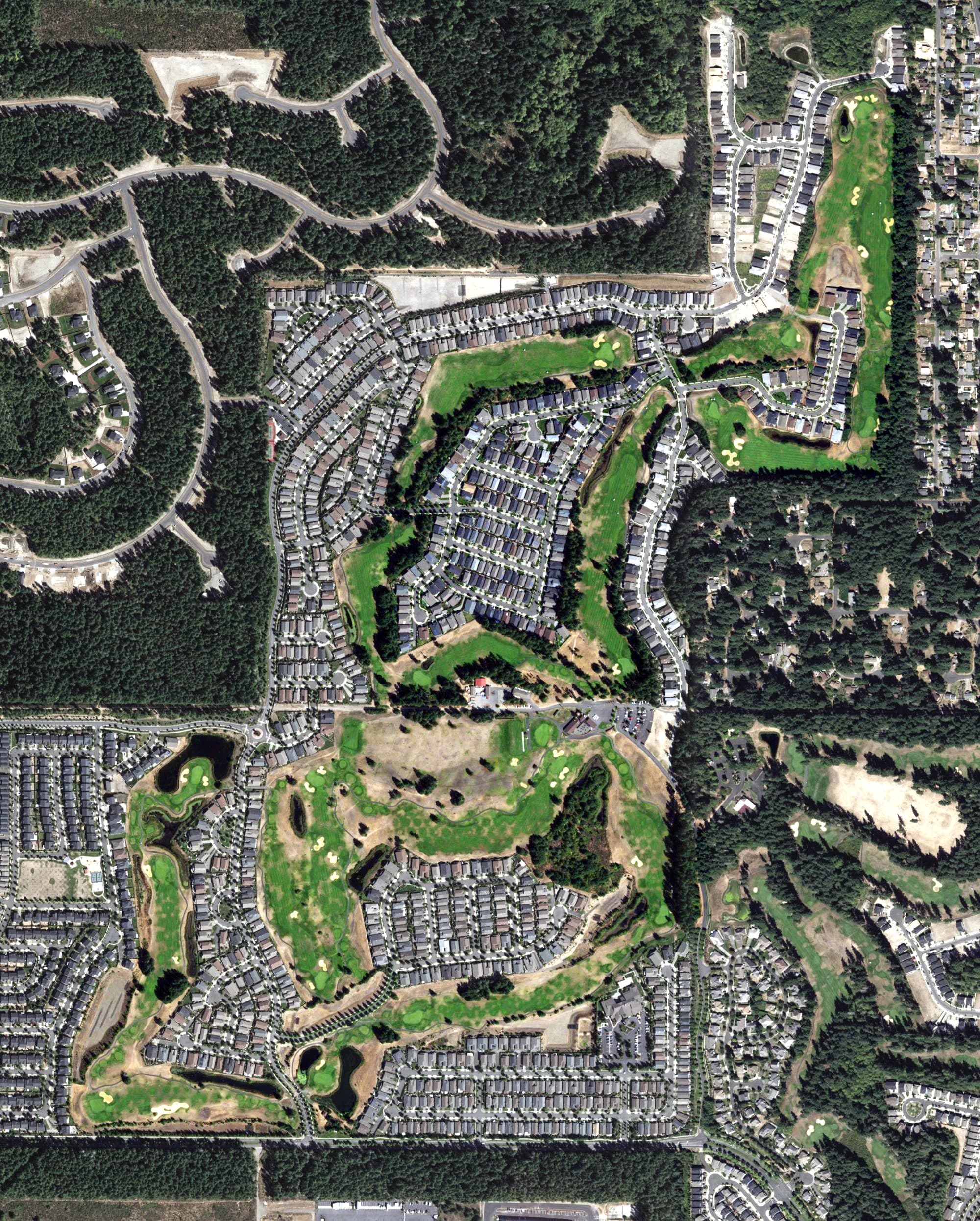 Aerial view of The Golf Club at Hawks Prairie - The Links, WA, with its hole routing marked