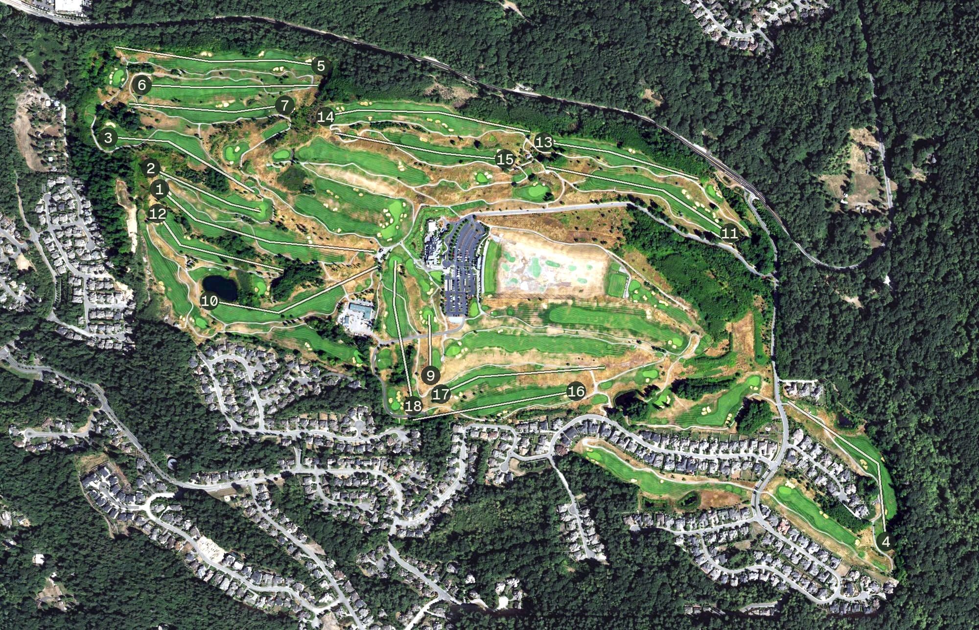 Aerial view of The Golf Club at Newcastle, WA, with its hole routing marked