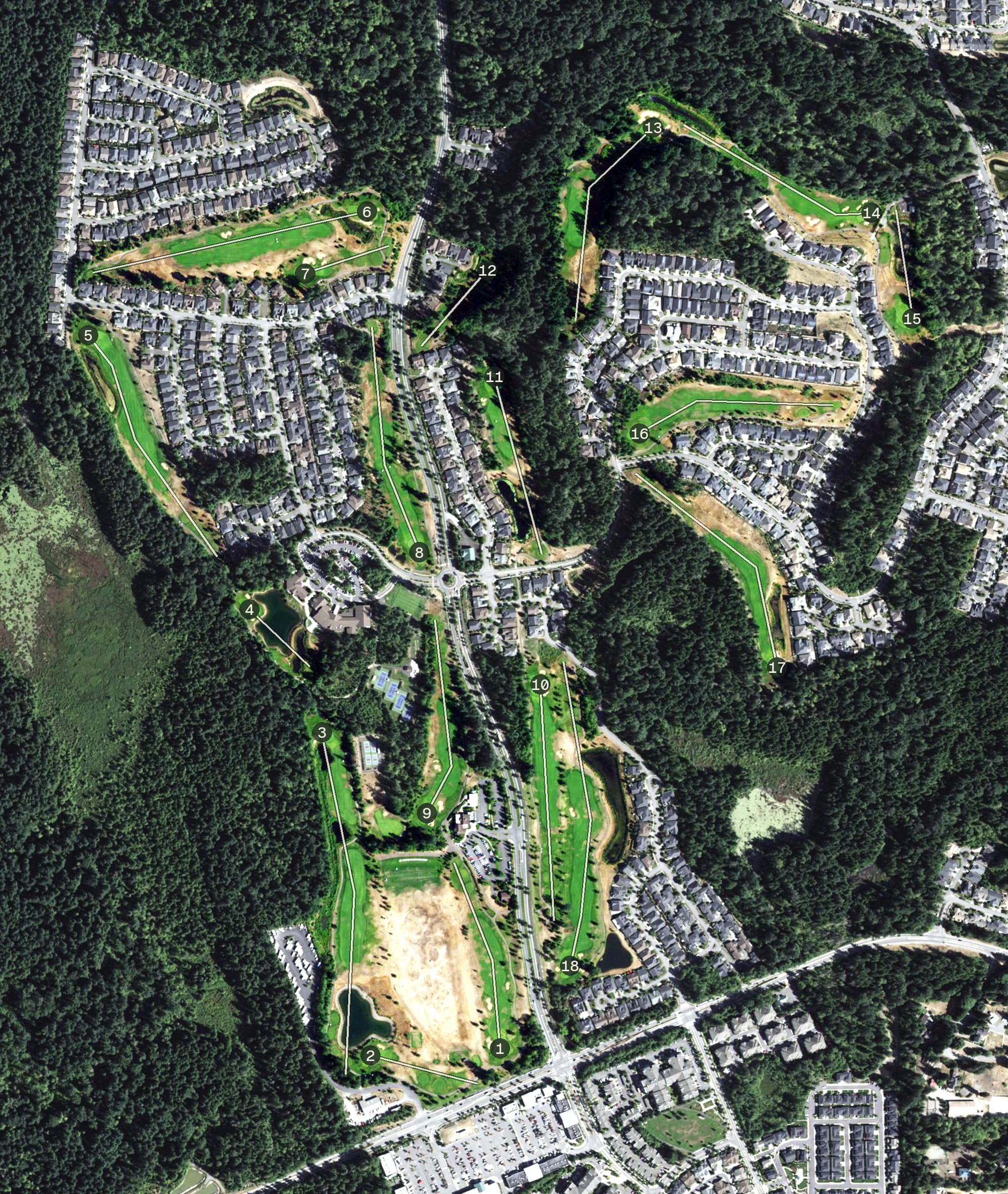 Aerial view of The Golf Club at Redmond Ridge, WA, with its hole routing marked