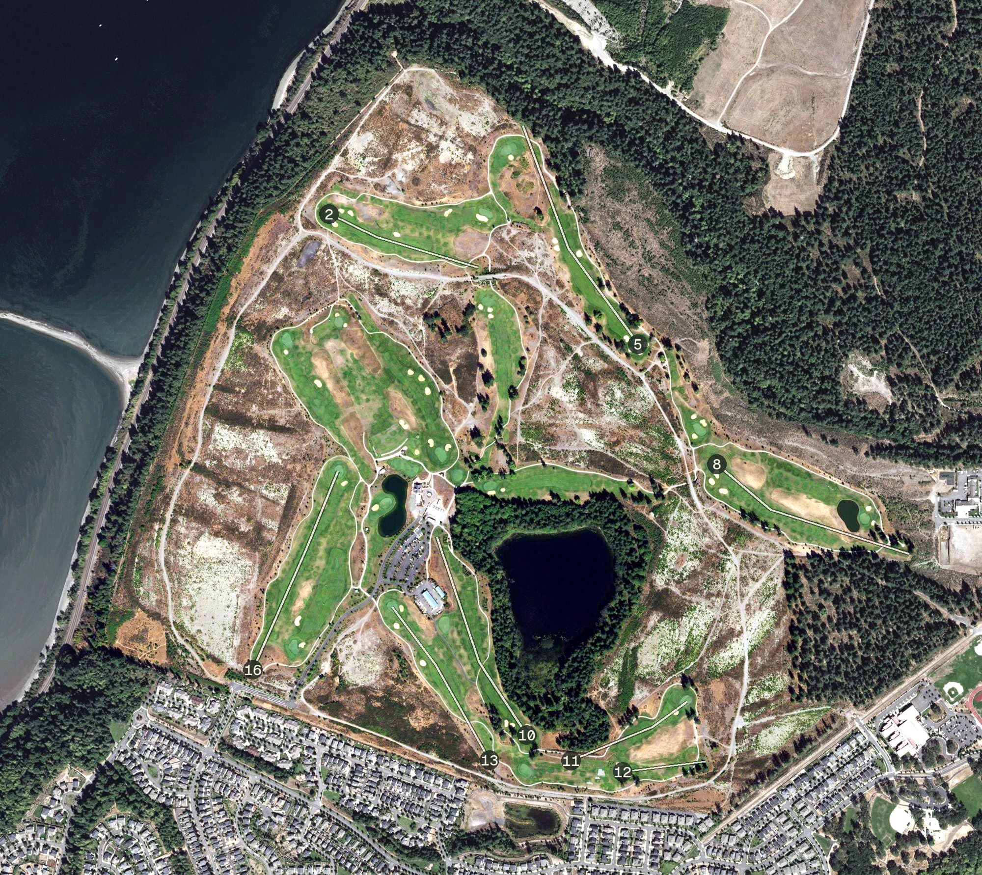 Aerial view of The Home Course, WA, with its hole routing marked