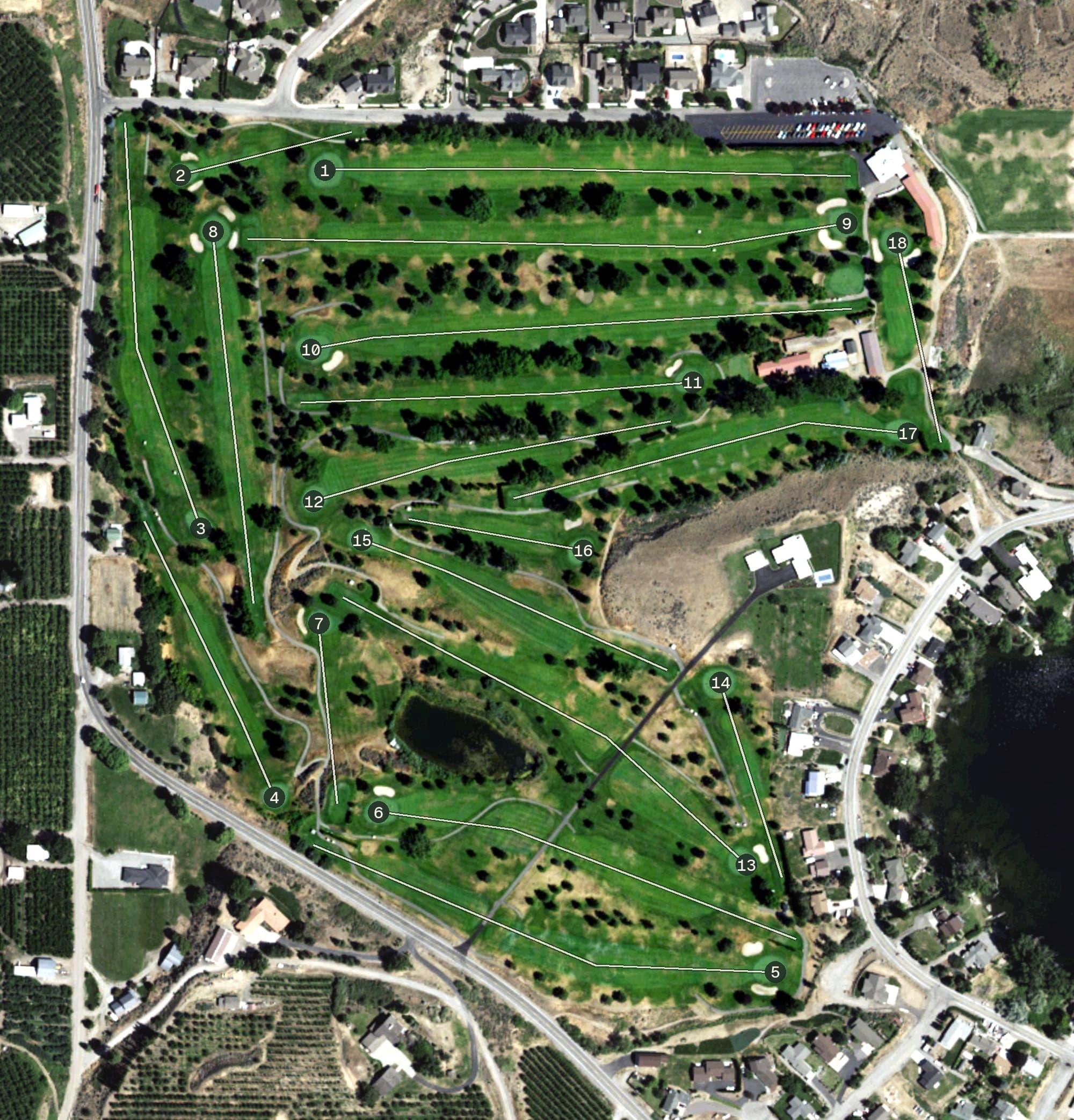 Aerial view of Three Lakes Golf Course, WA, with its hole routing marked