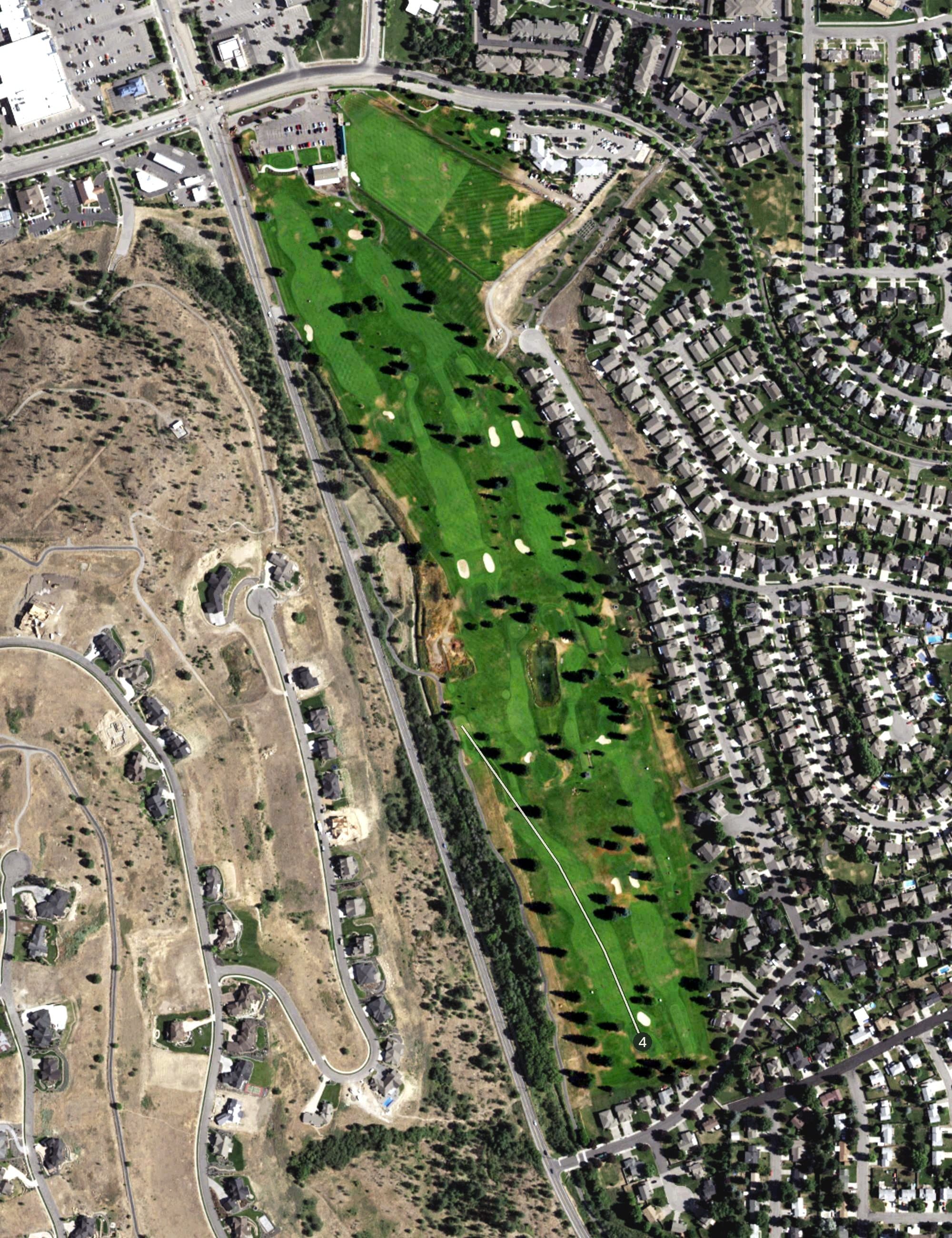 Aerial view of Trailhead Golf Course, WA, with its hole routing marked