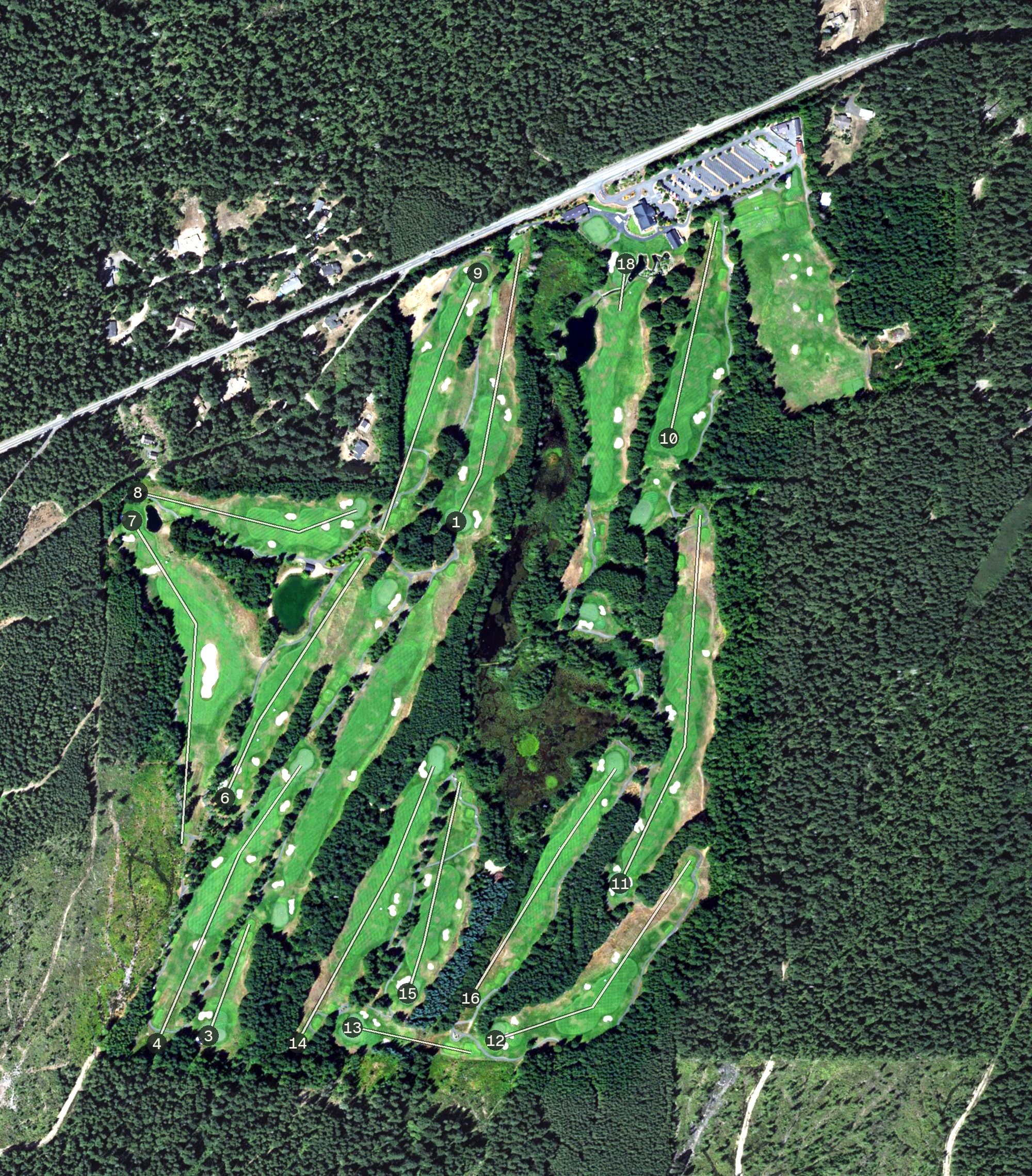 Aerial view of Trophy Lake Golf & Casting, WA, with its hole routing marked