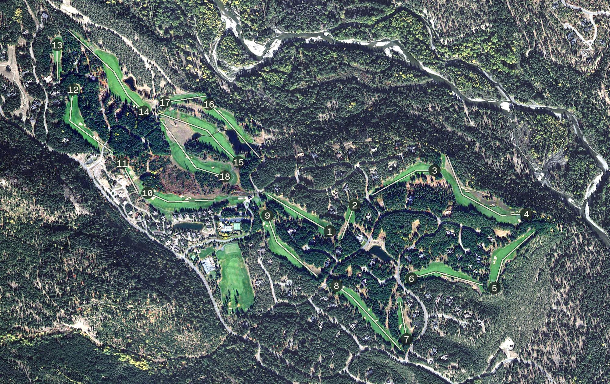 Aerial view of Tumble Creek Golf Course, WA, with its hole routing marked
