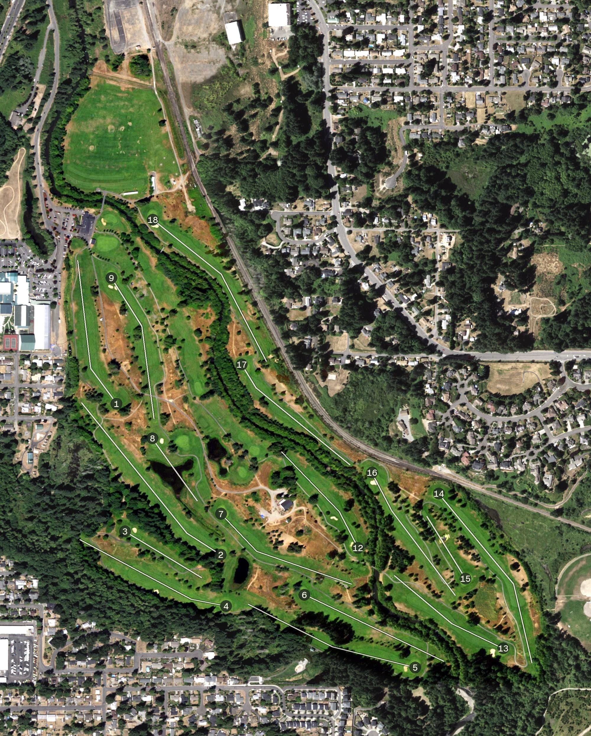 Aerial view of Tumwater Valley Golf Course, WA, with its hole routing marked