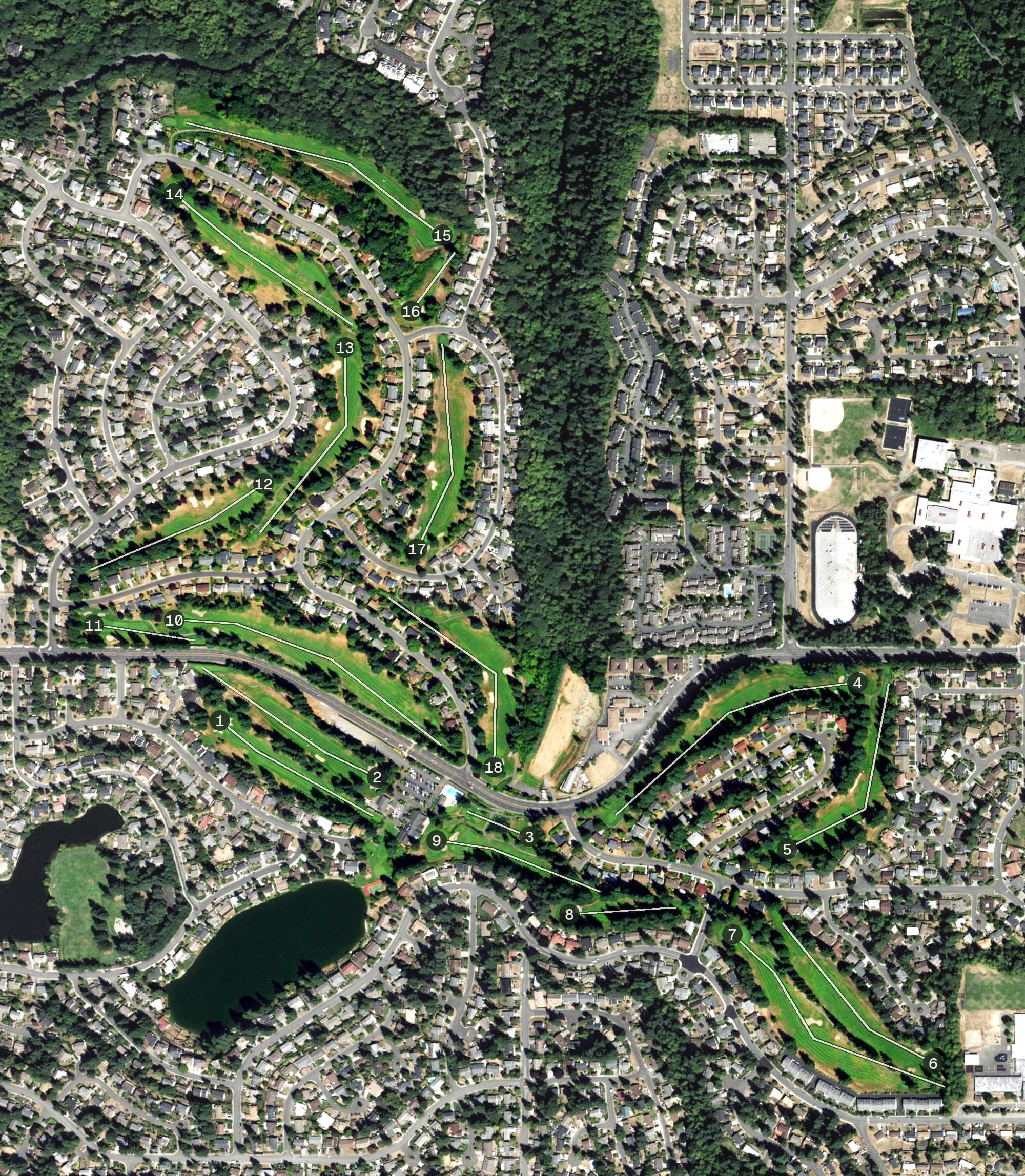 Aerial view of Twin Lakes Country Club, WA, with its hole routing marked