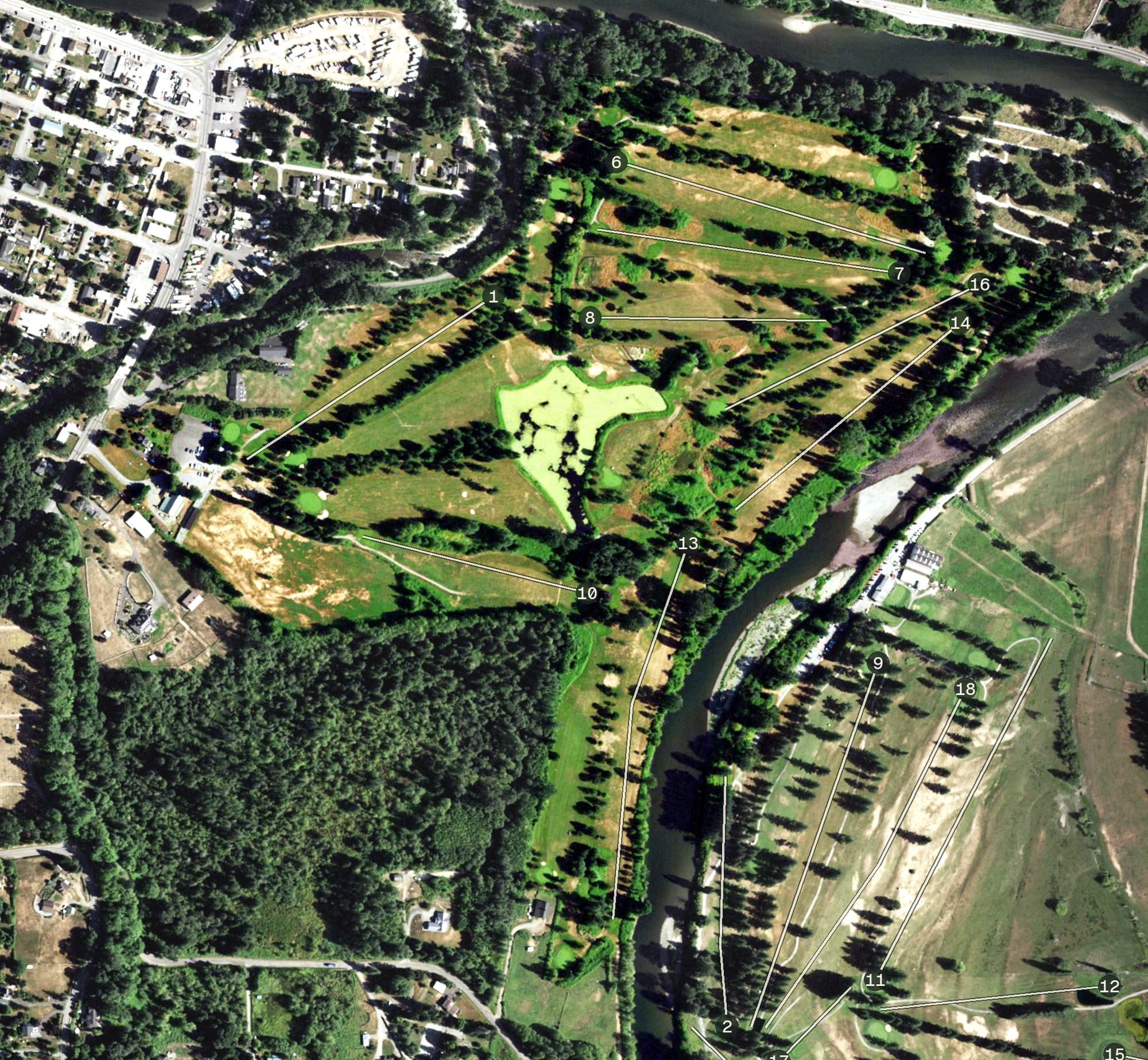 Aerial view of Twin Rivers Golf Course, WA, with its hole routing marked