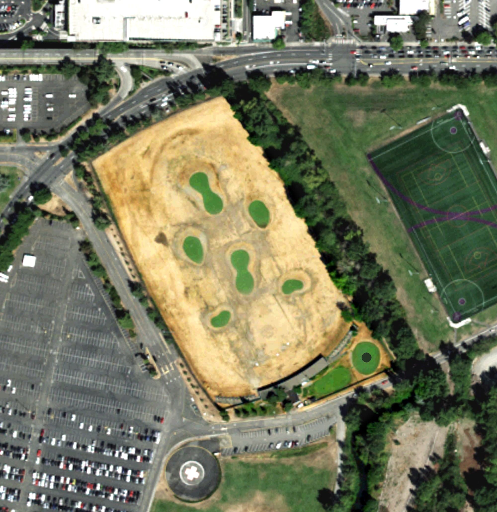 Aerial view of University of Washington Golf Driving Range, WA, with its hole routing marked