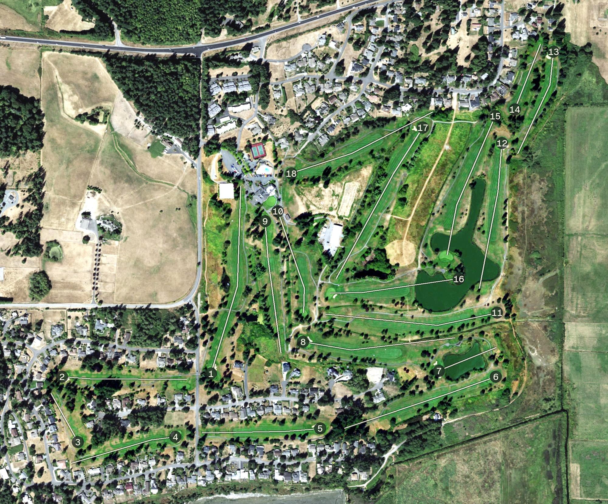 Aerial view of Useless Bay Golf and Country Club, WA, with its hole routing marked