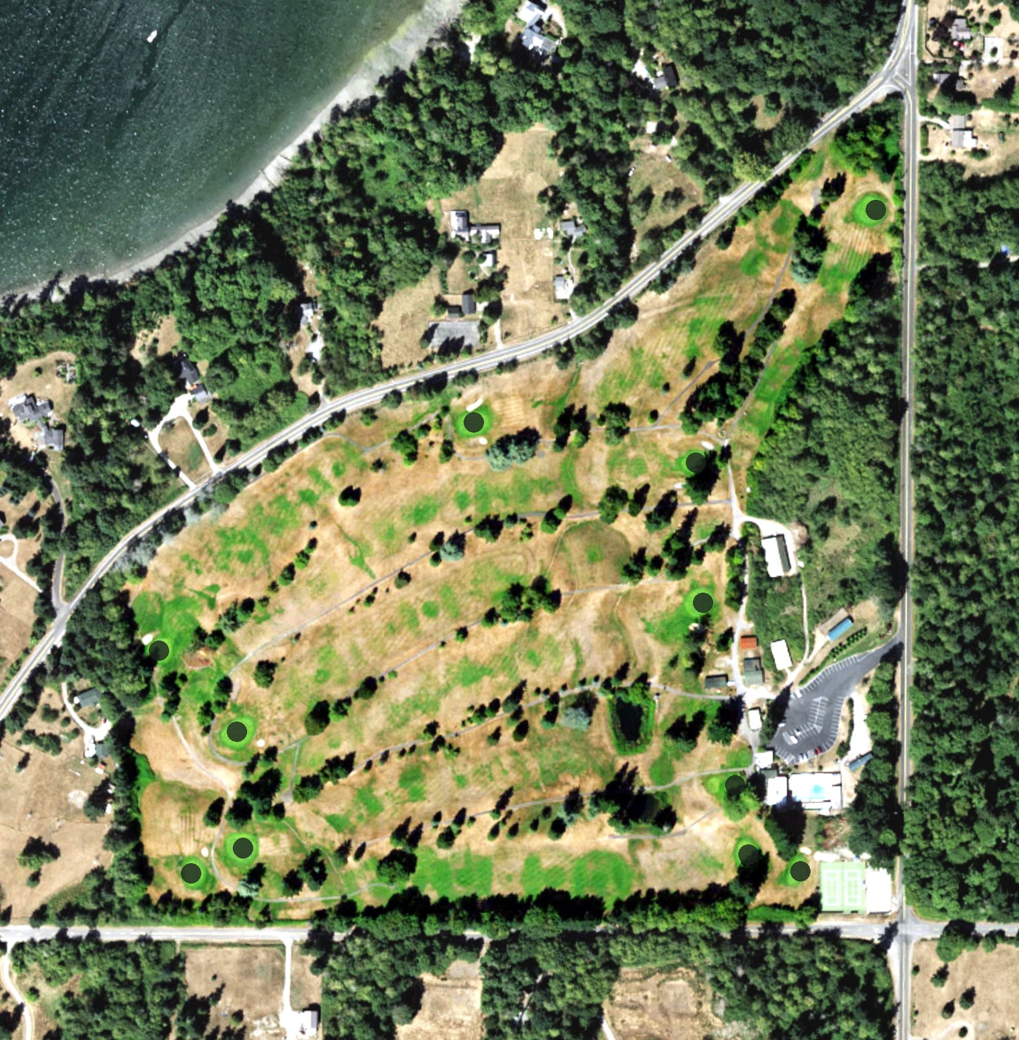 Aerial view of Vashon Island Golf & Country Gold Course, WA, with its hole routing marked