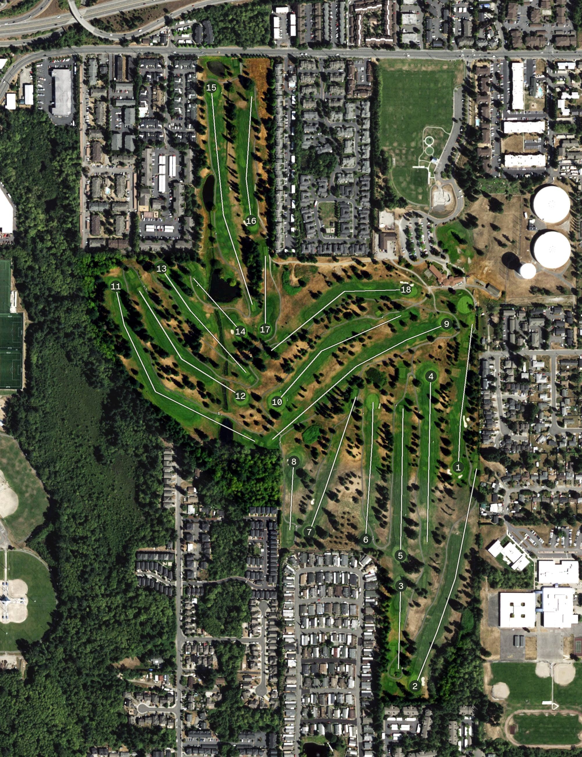 Aerial view of Walter E. Hall Memorial Golf Course, WA, with its hole routing marked