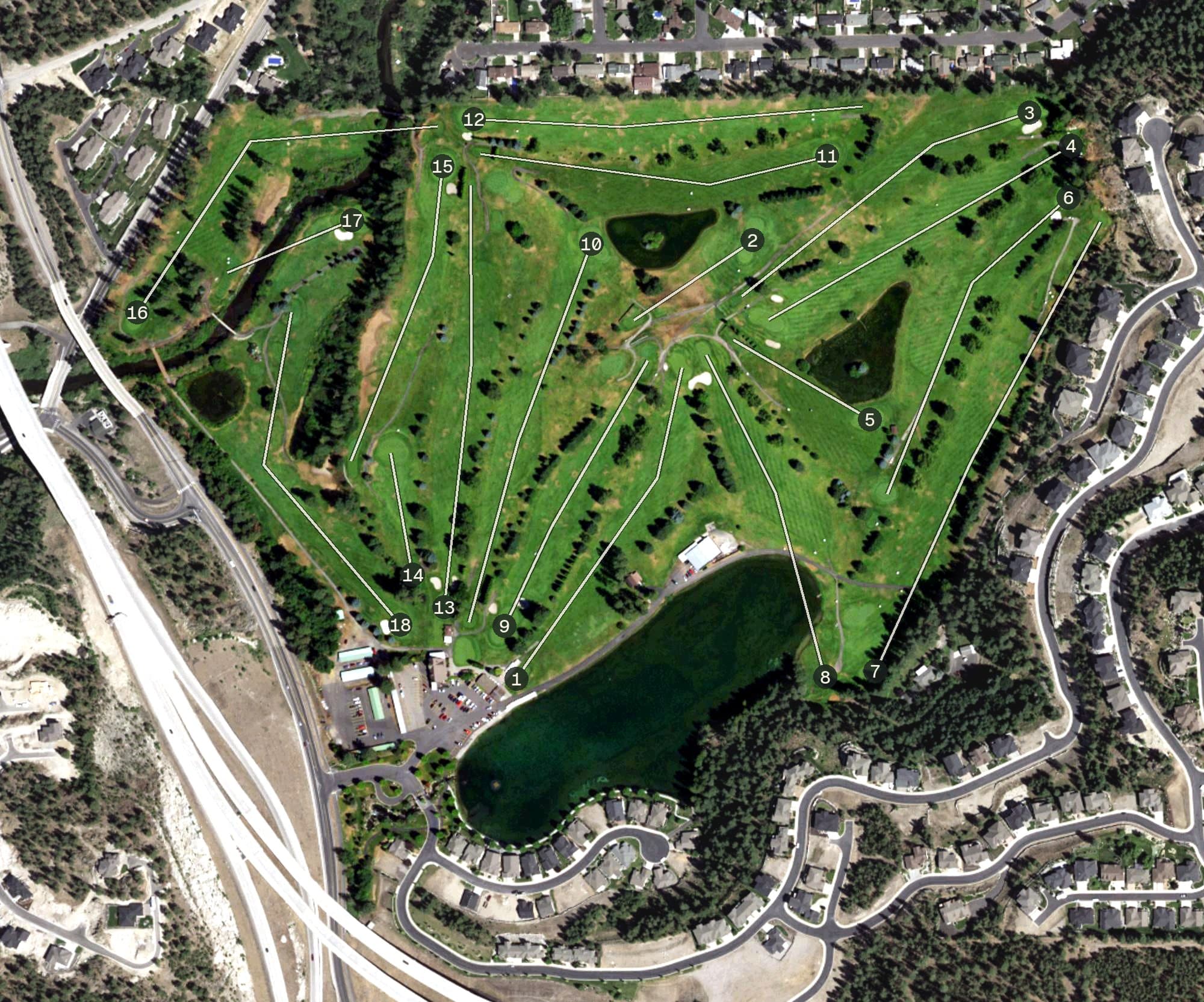 Aerial view of Wandermere Golf Course, WA, with its hole routing marked