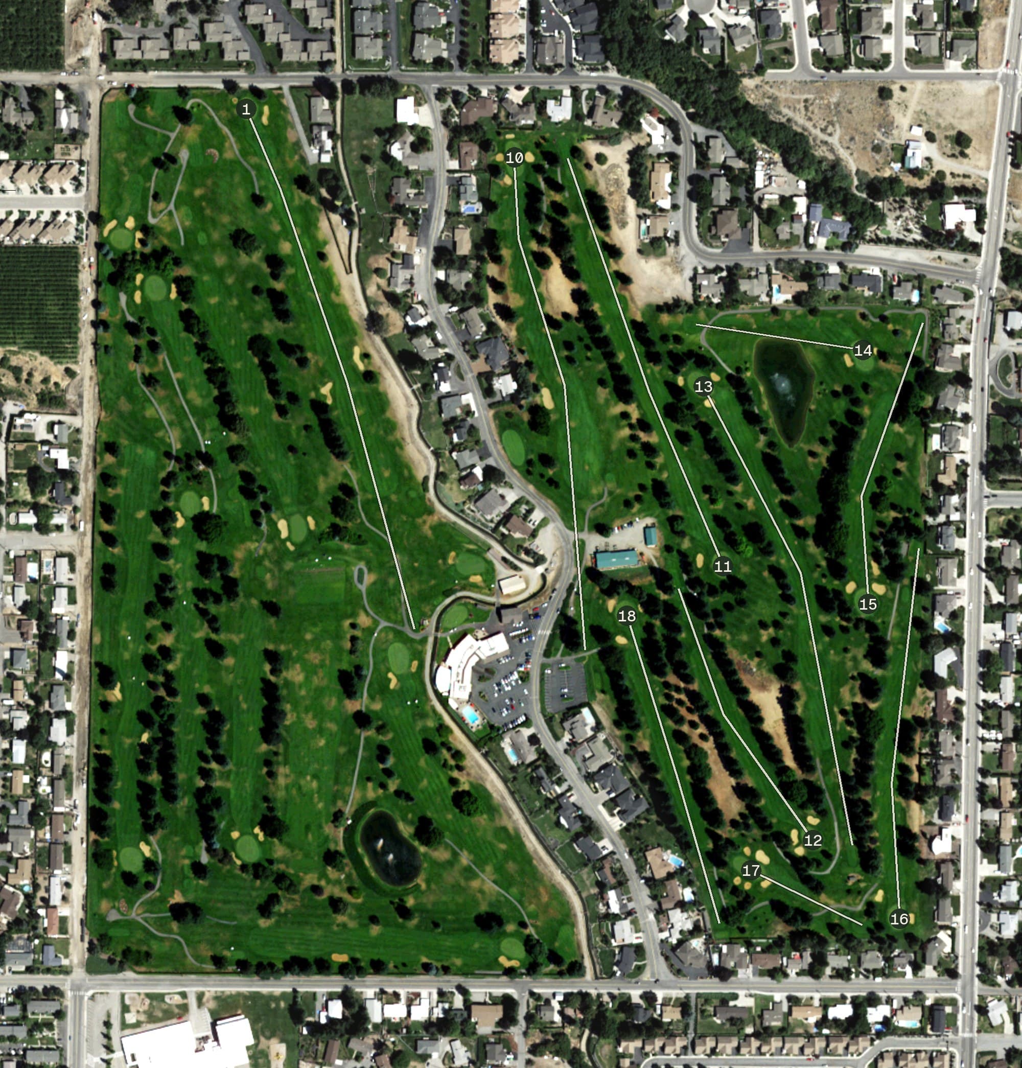 Aerial view of Wenatchee Golf and Country Club, WA, with its hole routing marked