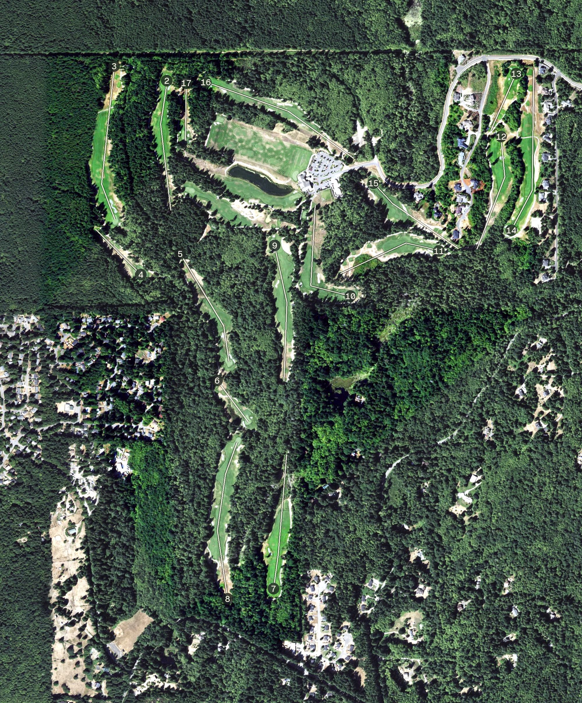 Aerial view of White Horse Golf Club, WA, with its hole routing marked