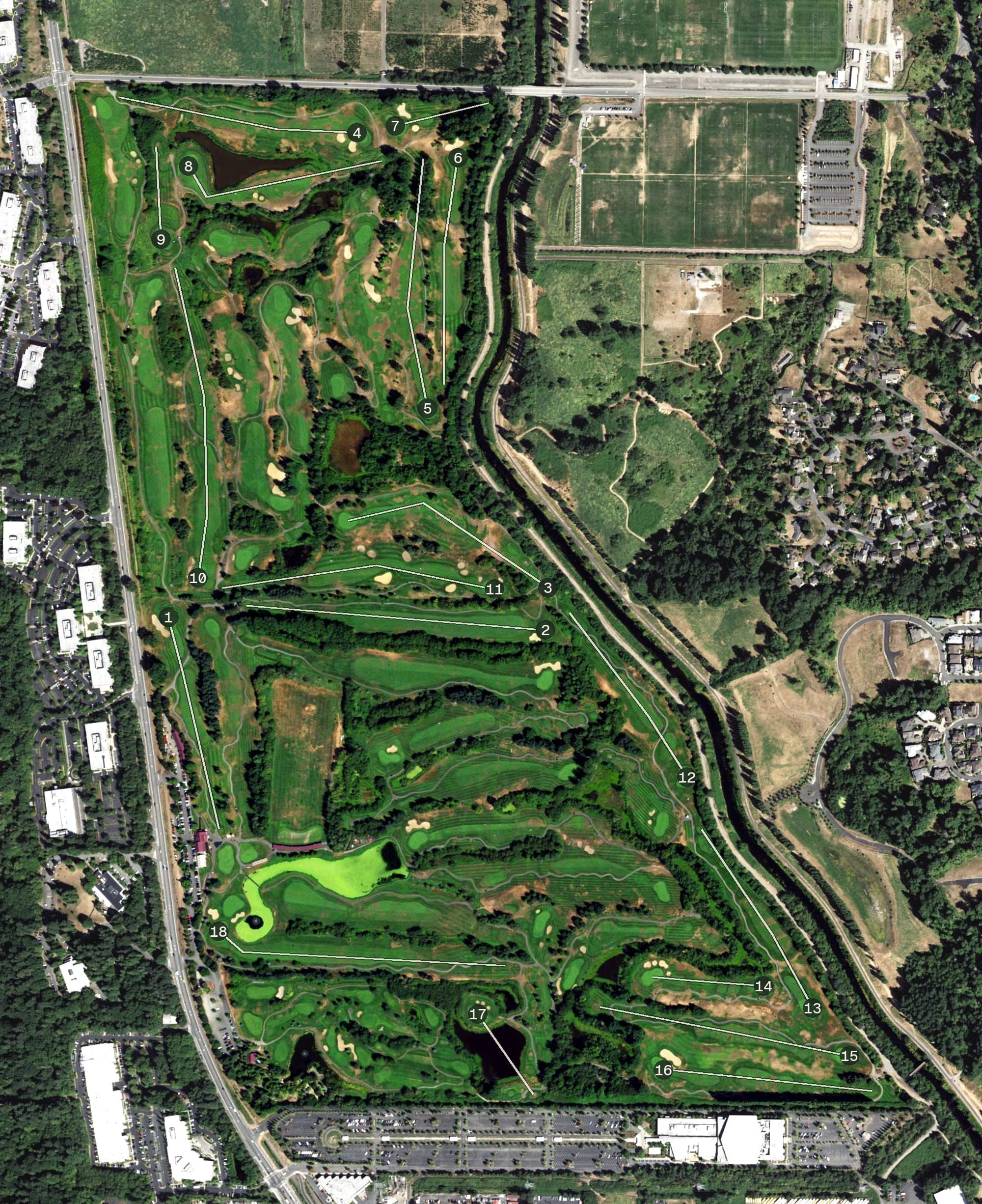 Aerial view of Willows Run Golf Club, WA, with its hole routing marked