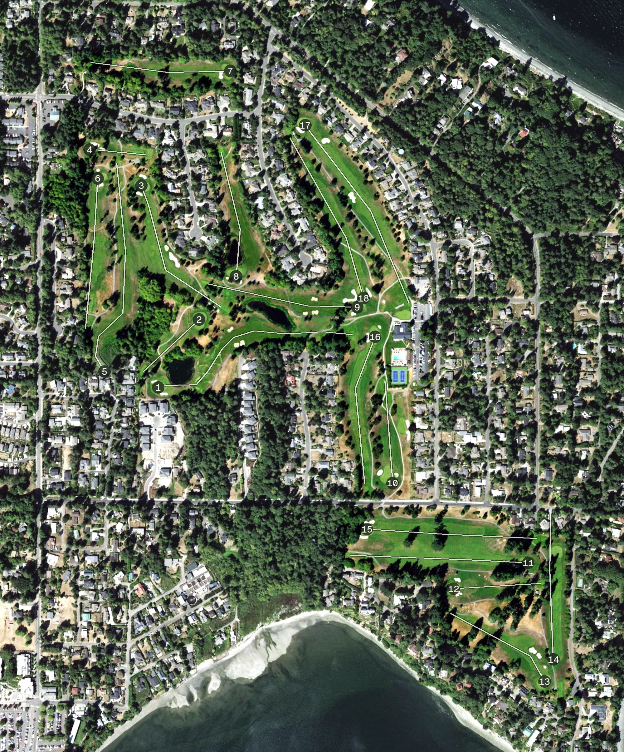Aerial view of Wing Point Golf Course, WA, with its hole routing marked