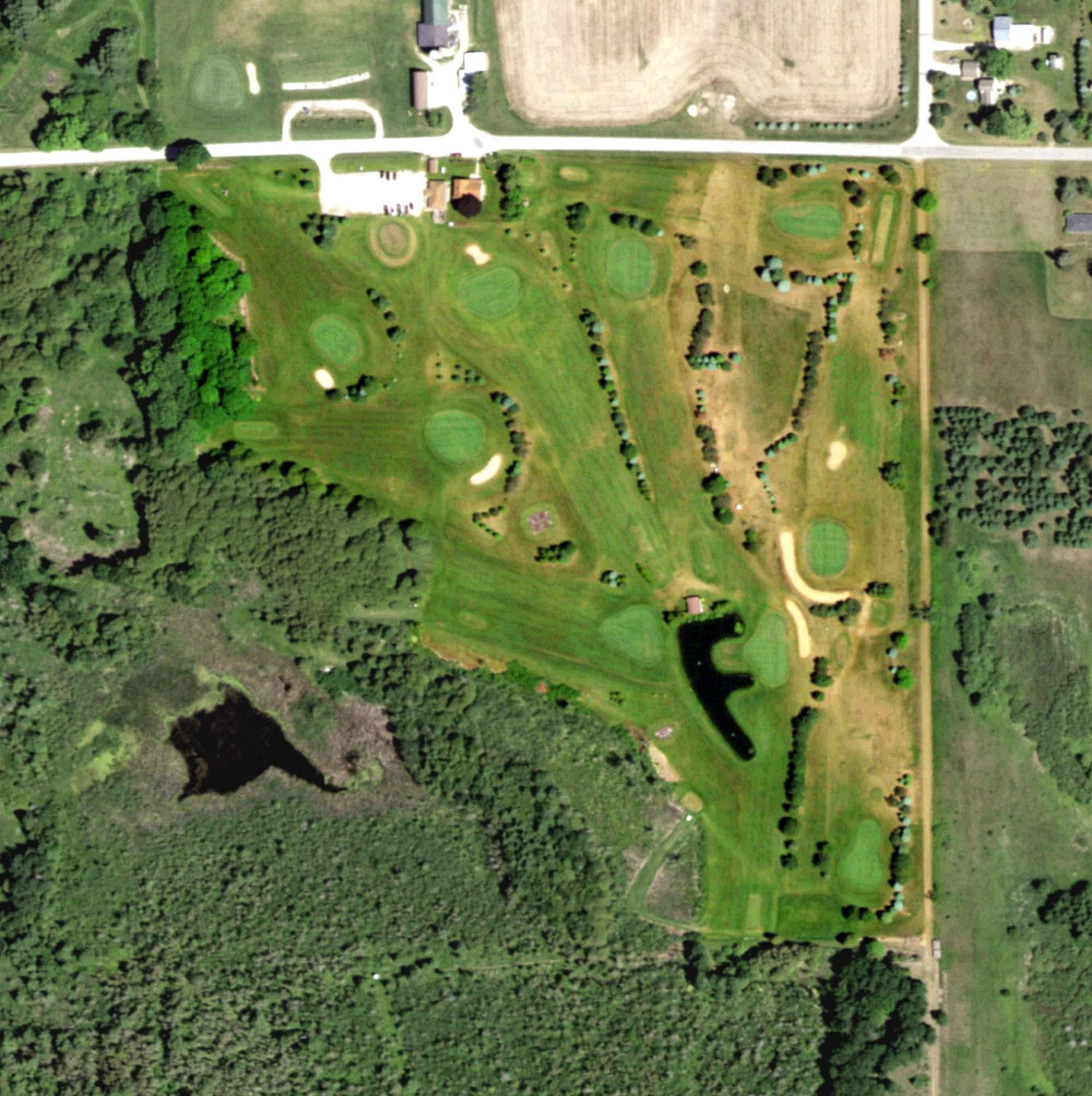 Aerial view of 27 Pines Golf Course, WI, with its hole routing marked