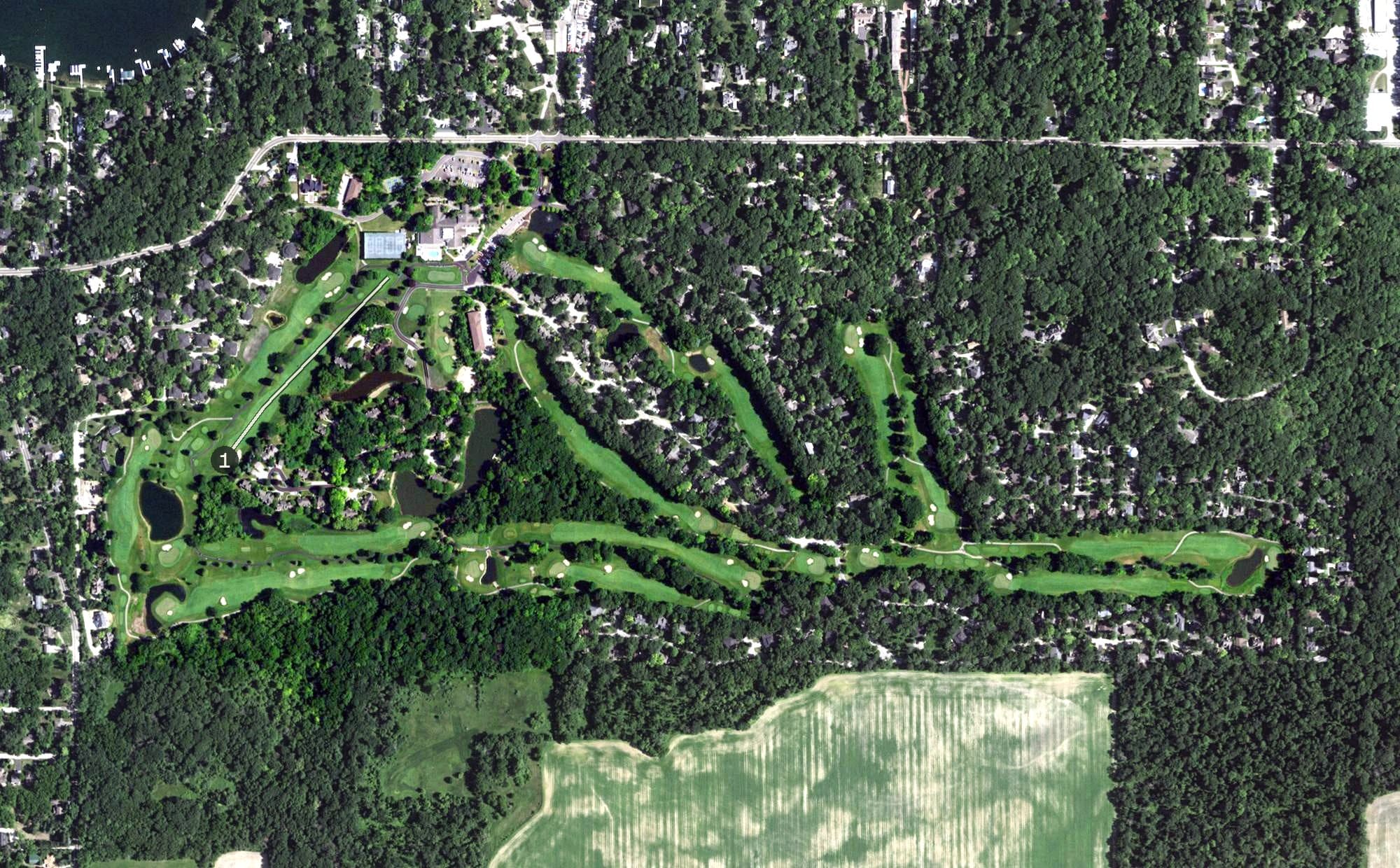Aerial view of Abbey Springs Golf Course, WI, with its hole routing marked