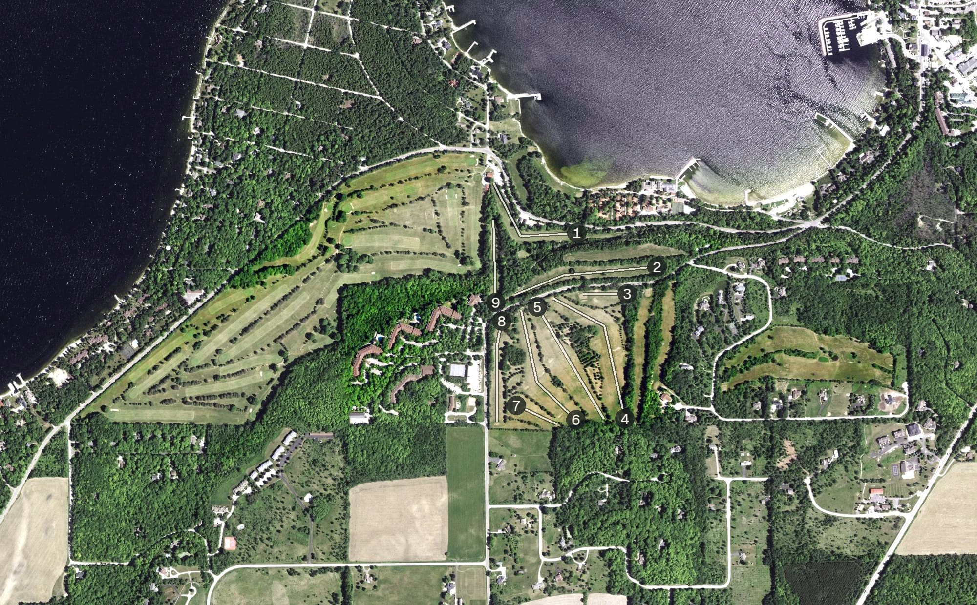 Aerial view of Alpine Resort Golf Course, WI, with its hole routing marked