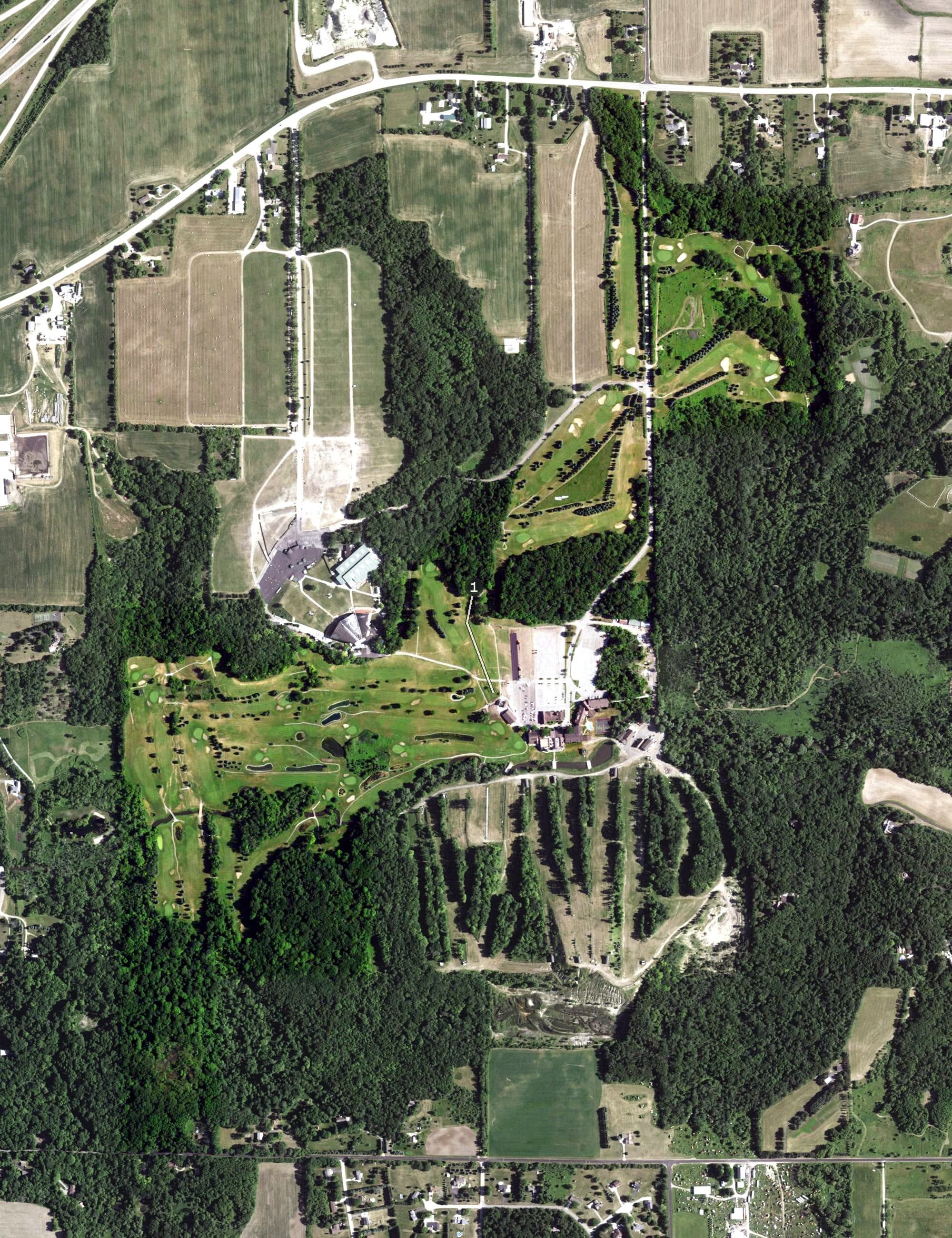 Aerial view of Alpine Valley Resort, WI, with its hole routing marked