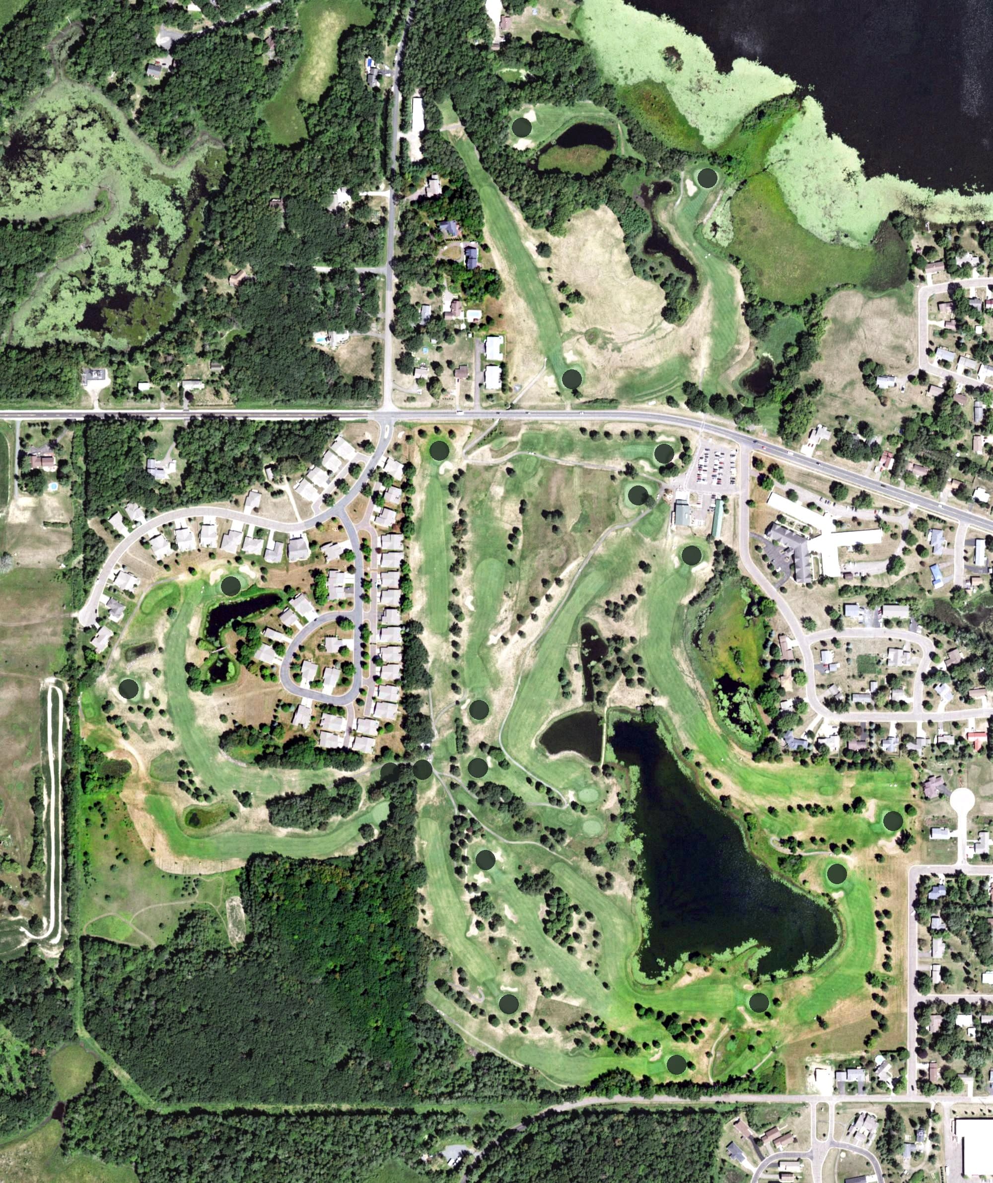 Aerial view of Amery Golf Club, WI, with its hole routing marked