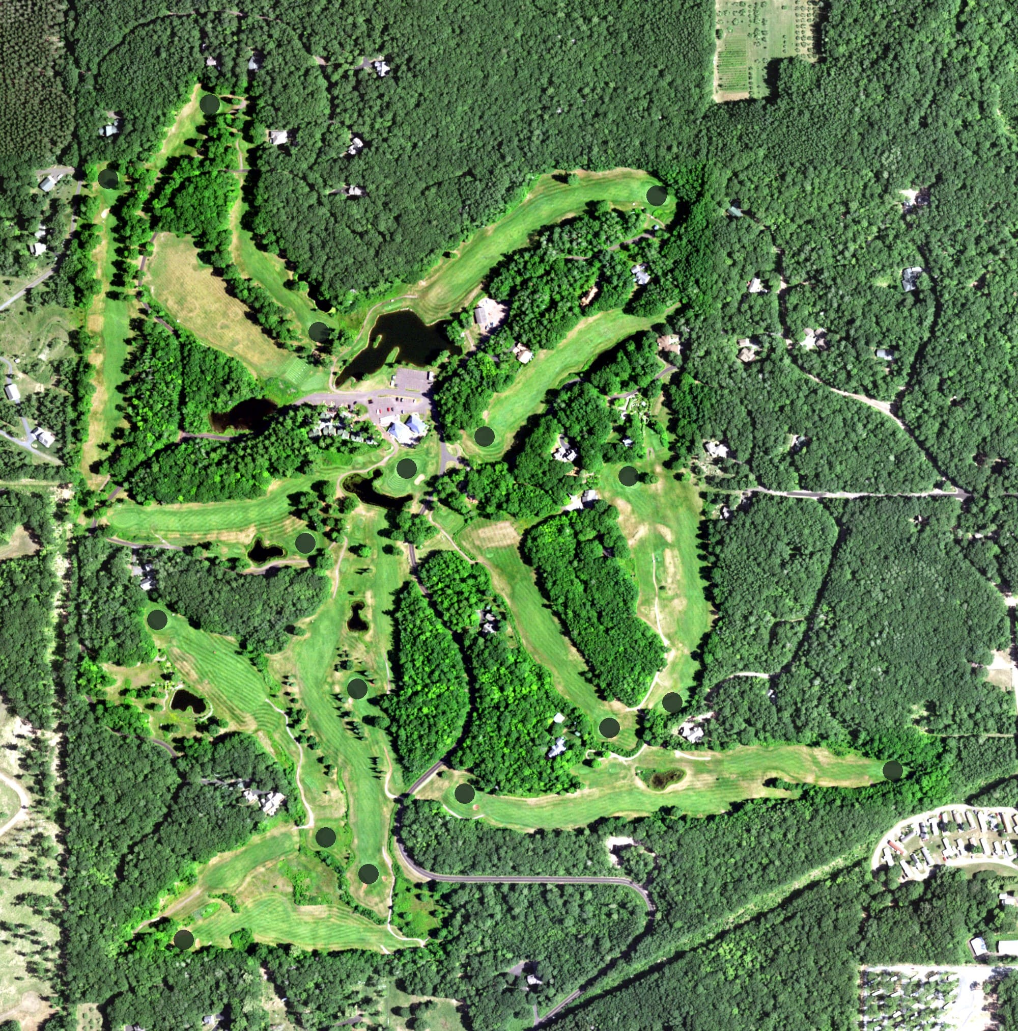 Aerial view of Apostle Highlands Golf Course, WI, with its hole routing marked