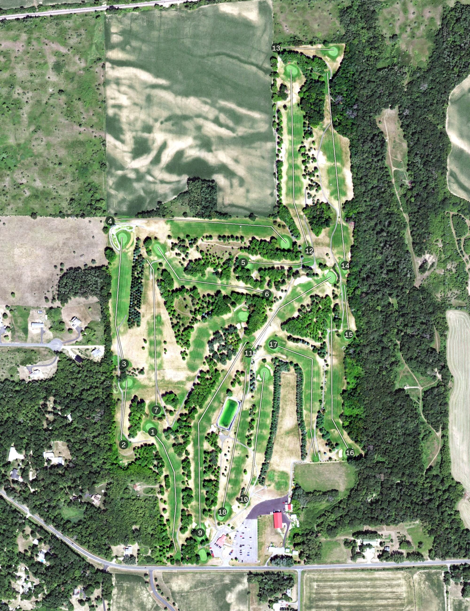 Aerial view of Badlands Golf Course, WI, with its hole routing marked