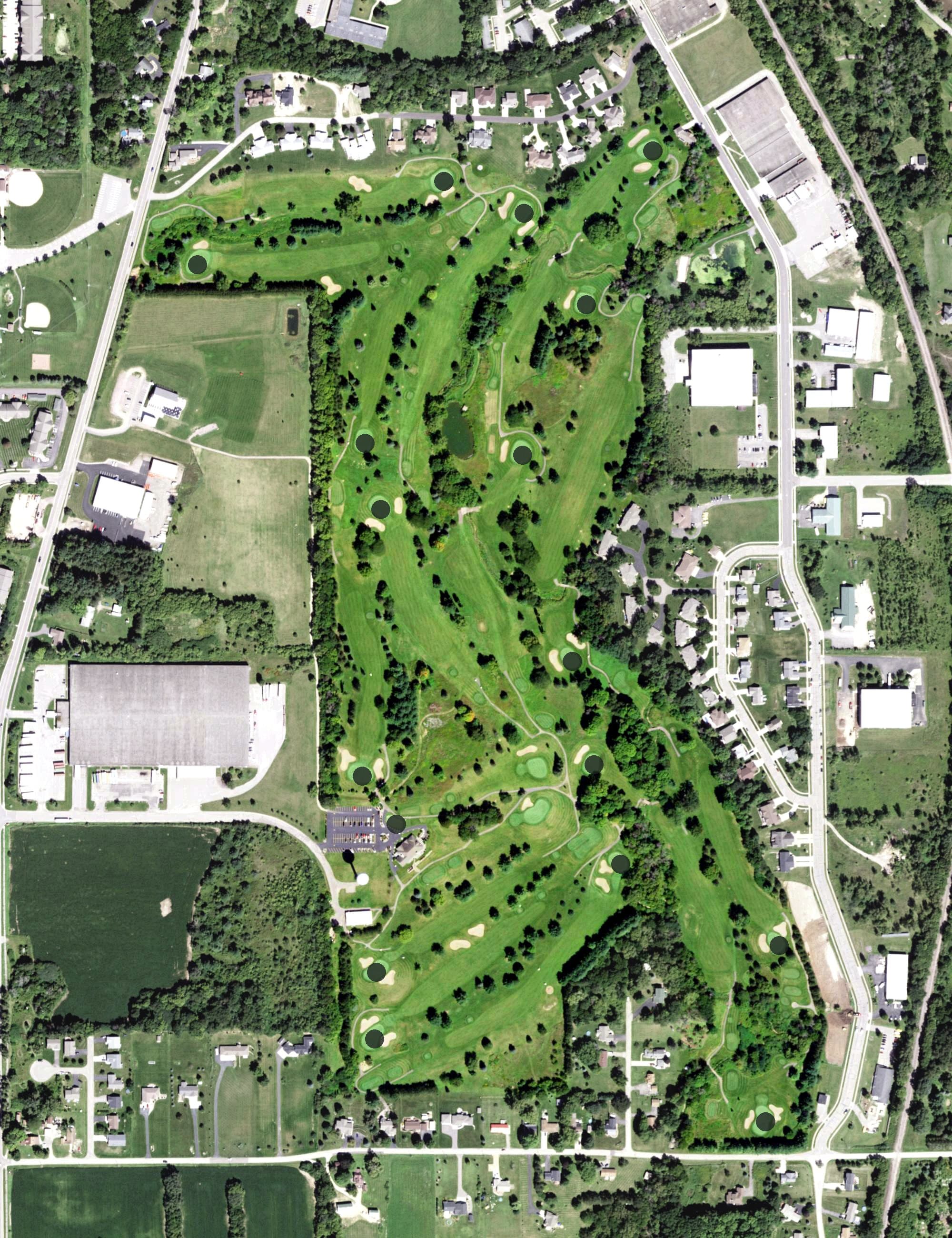 Aerial view of Baraboo Country Club, WI, with its hole routing marked