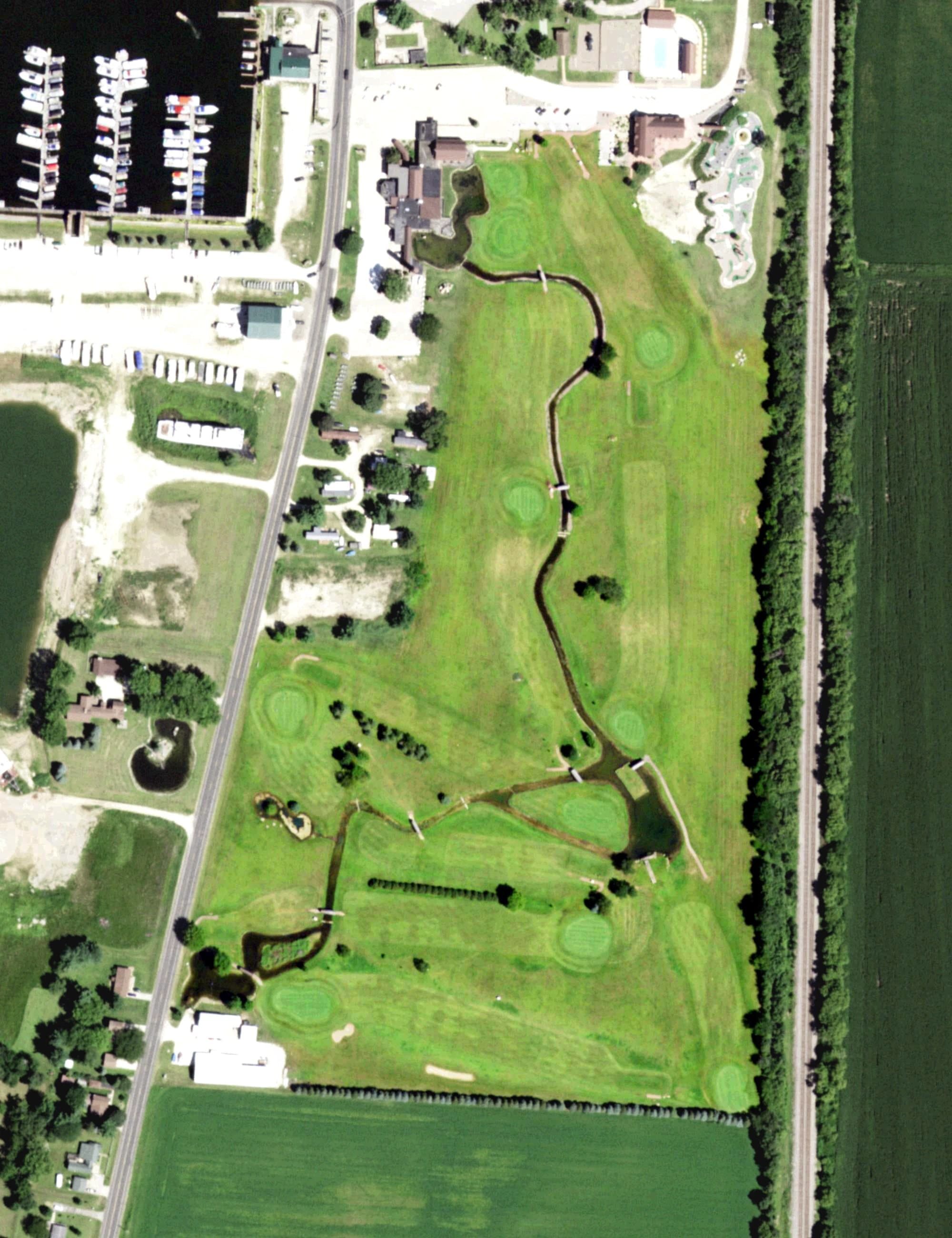 Aerial view of Barnyard 9 Golf Course, WI, with its hole routing marked