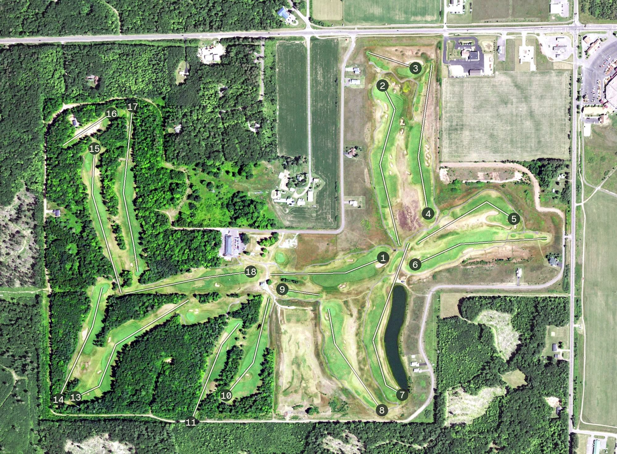 Aerial view of Big Fish Golf Course, WI, with its hole routing marked