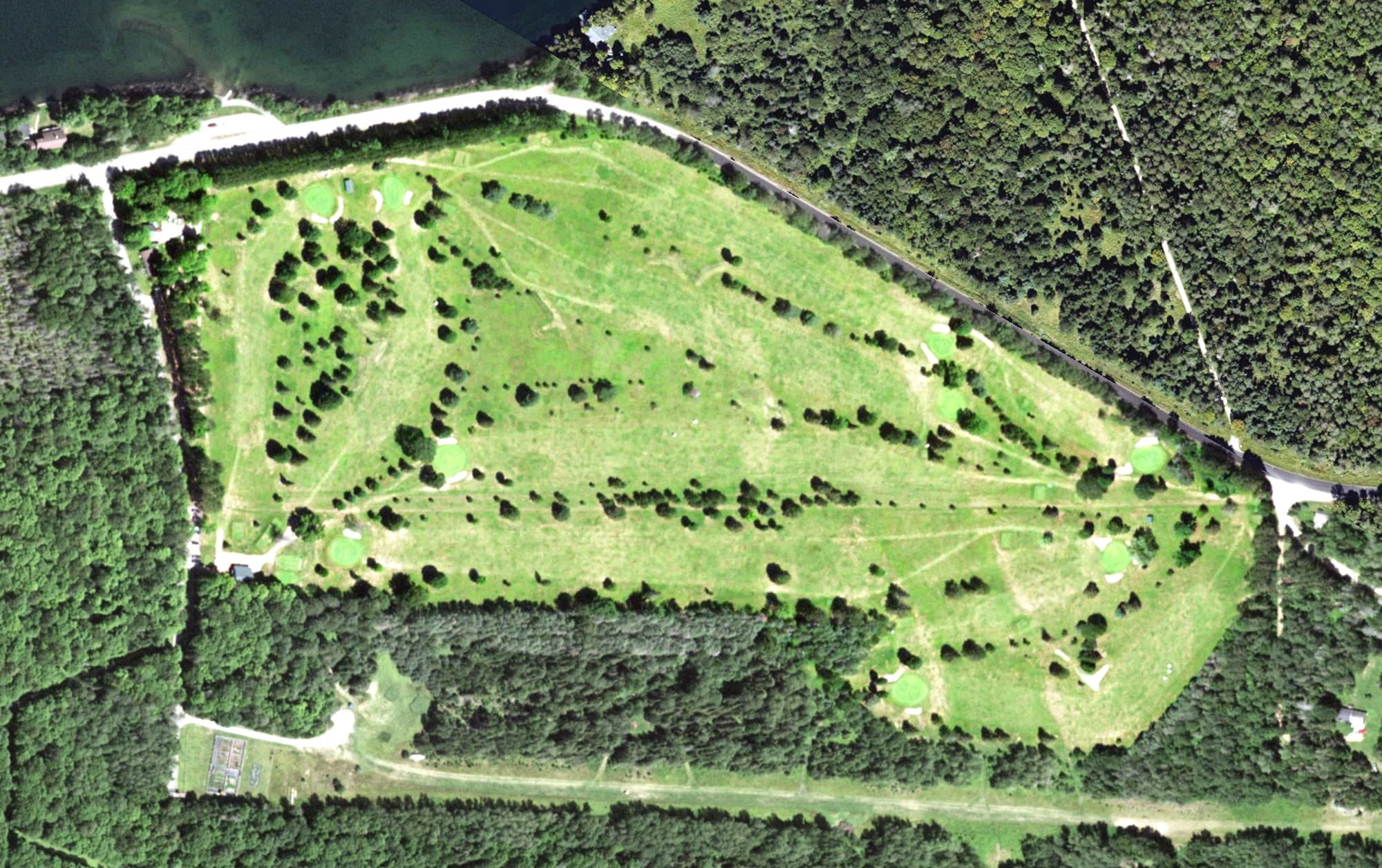 Aerial view of Big Sand Lake Club Golf Course, WI, with its hole routing marked