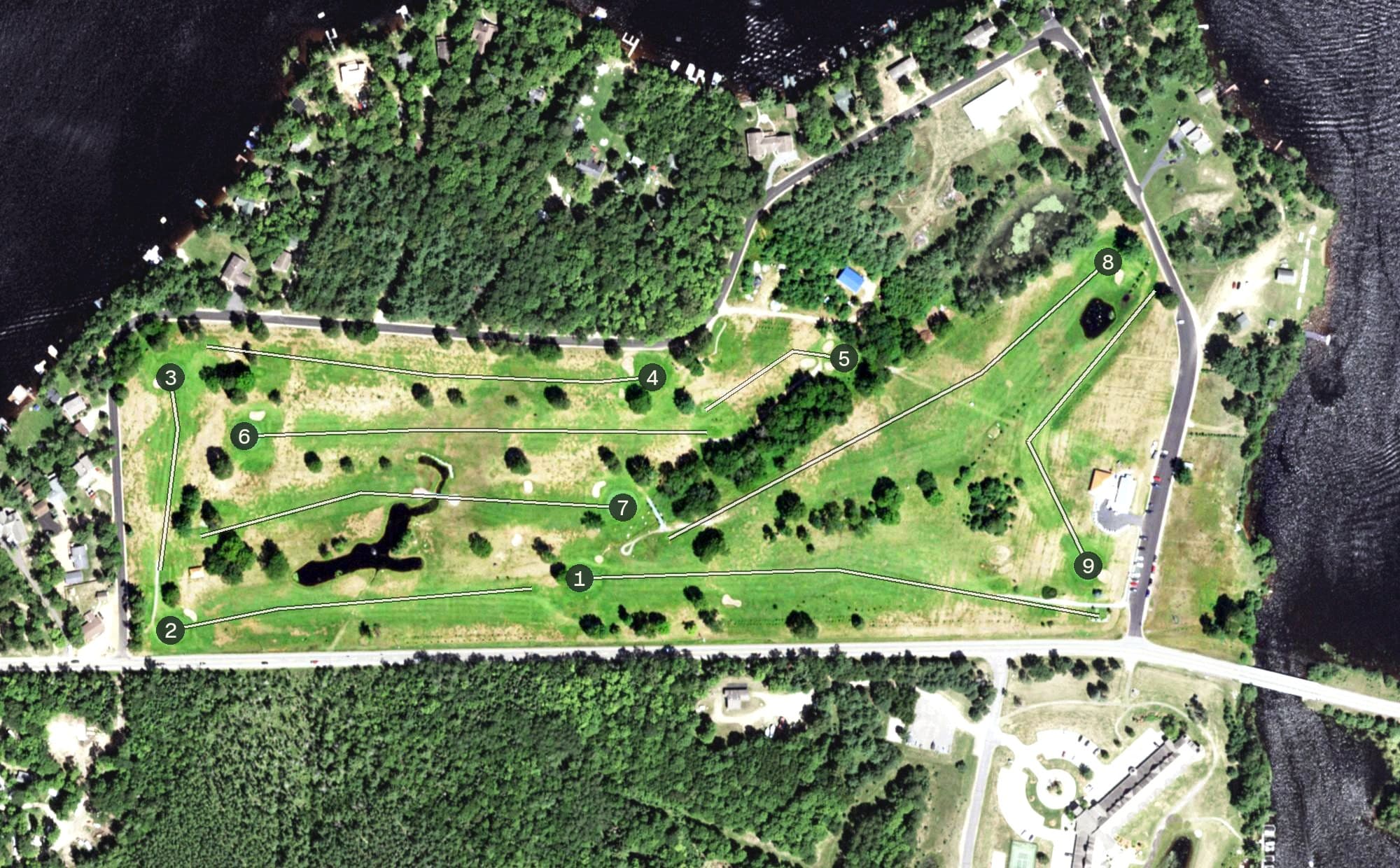 Aerial view of Big Stone Golf Course, WI, with its hole routing marked