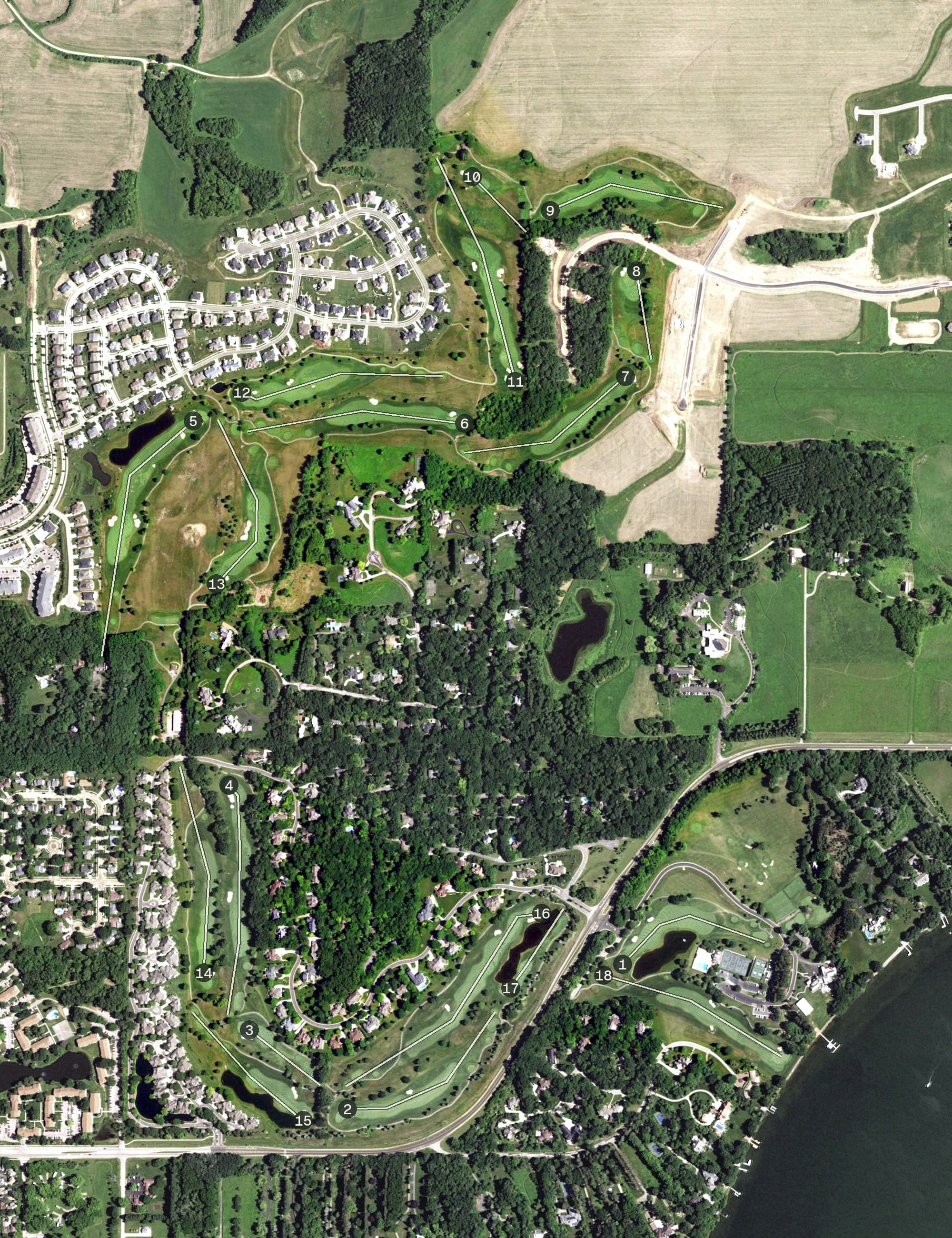 Aerial view of Bishops Bay Golf Course, WI, with its hole routing marked