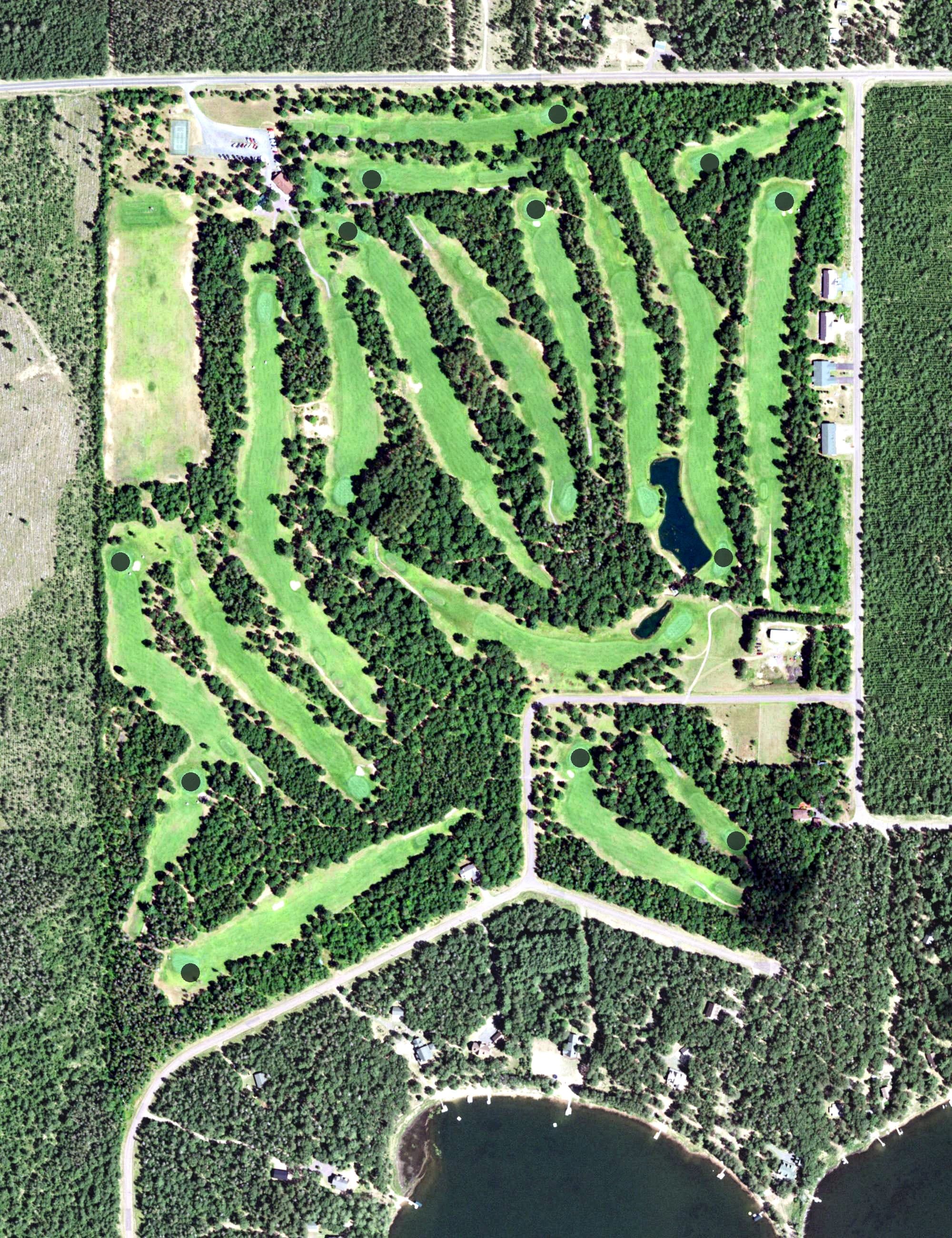 Aerial view of Black Bear Golf Course, WI, with its hole routing marked