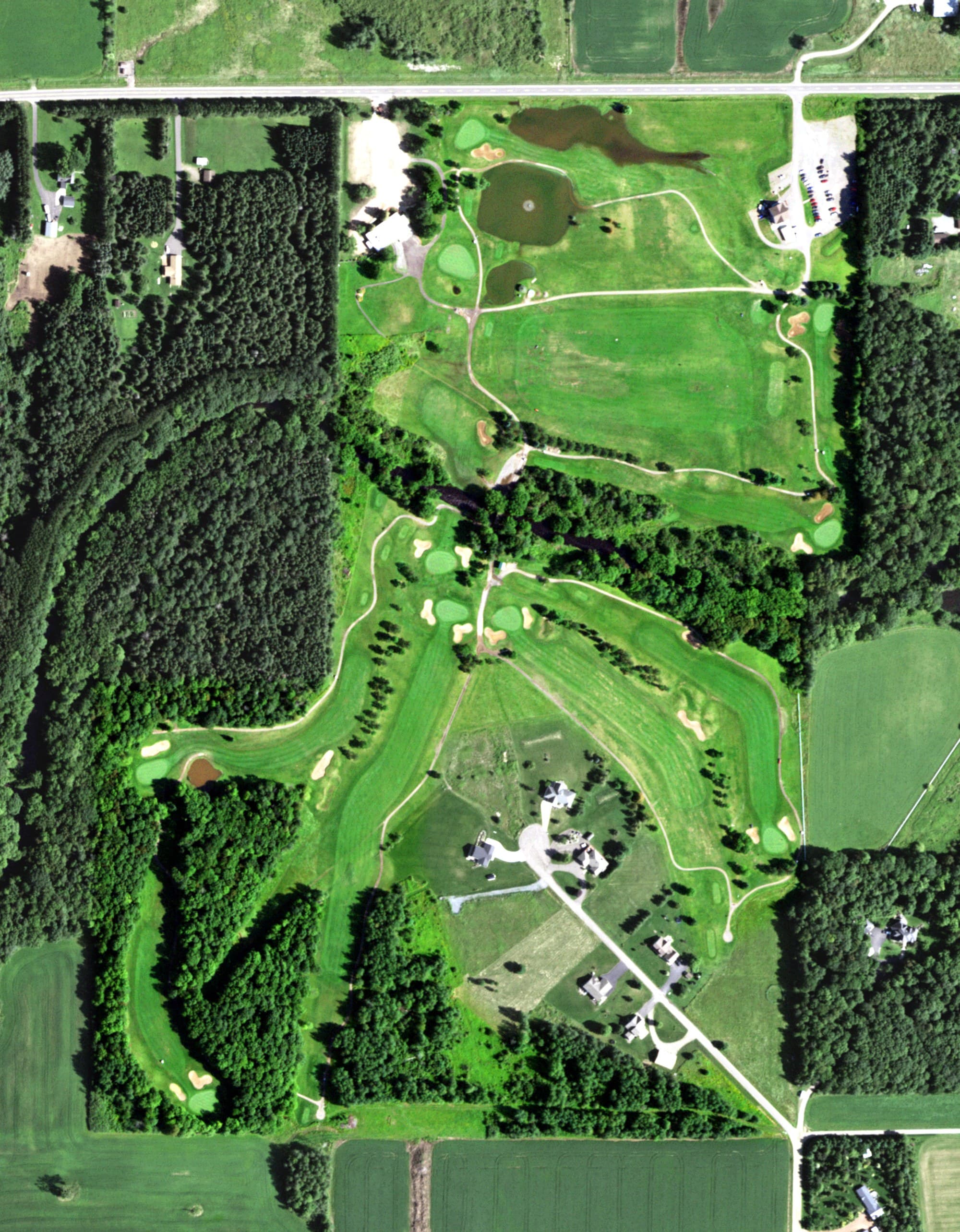Aerial view of Black River Golf Course, WI, with its hole routing marked