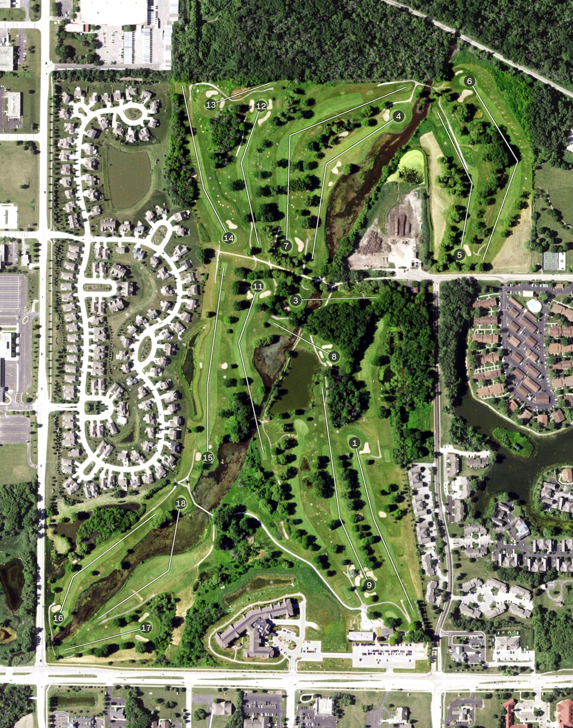 Aerial view of Black Stone Creek Golf Club, WI, with its hole routing marked