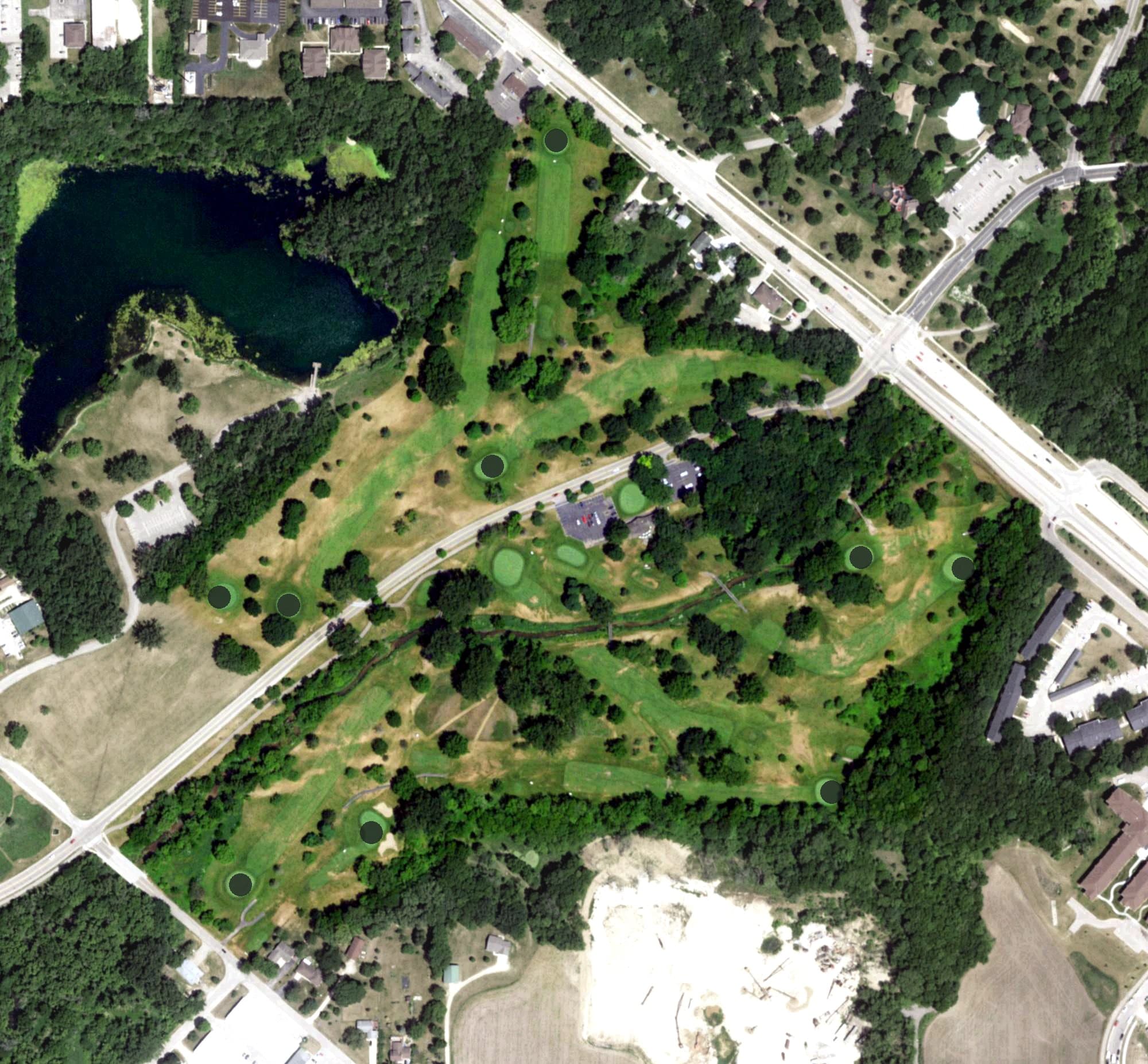 Aerial view of Blackhawk Golf Course, WI, with its hole routing marked