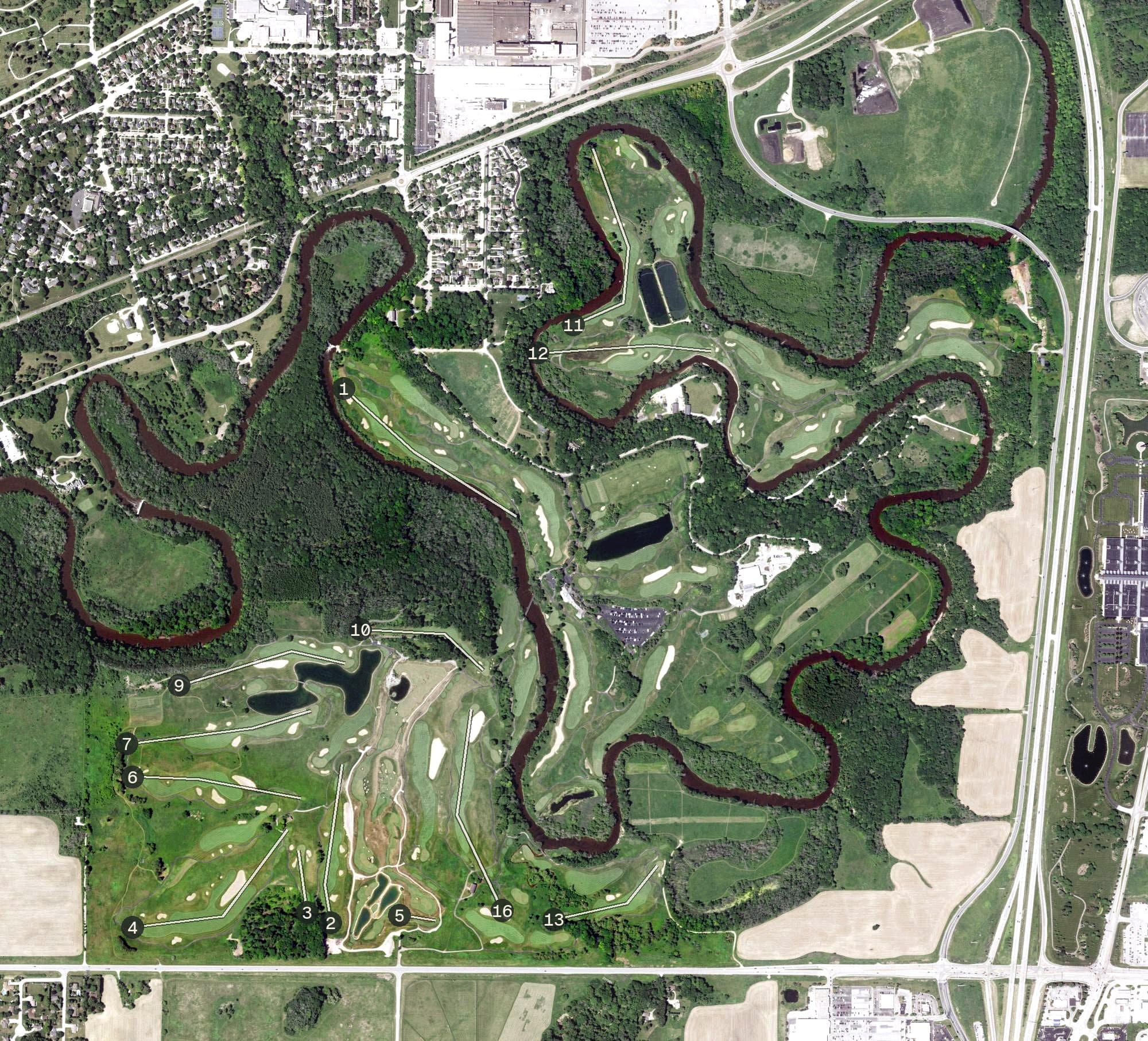 Aerial view of Blackwolf Run, WI, with its hole routing marked
