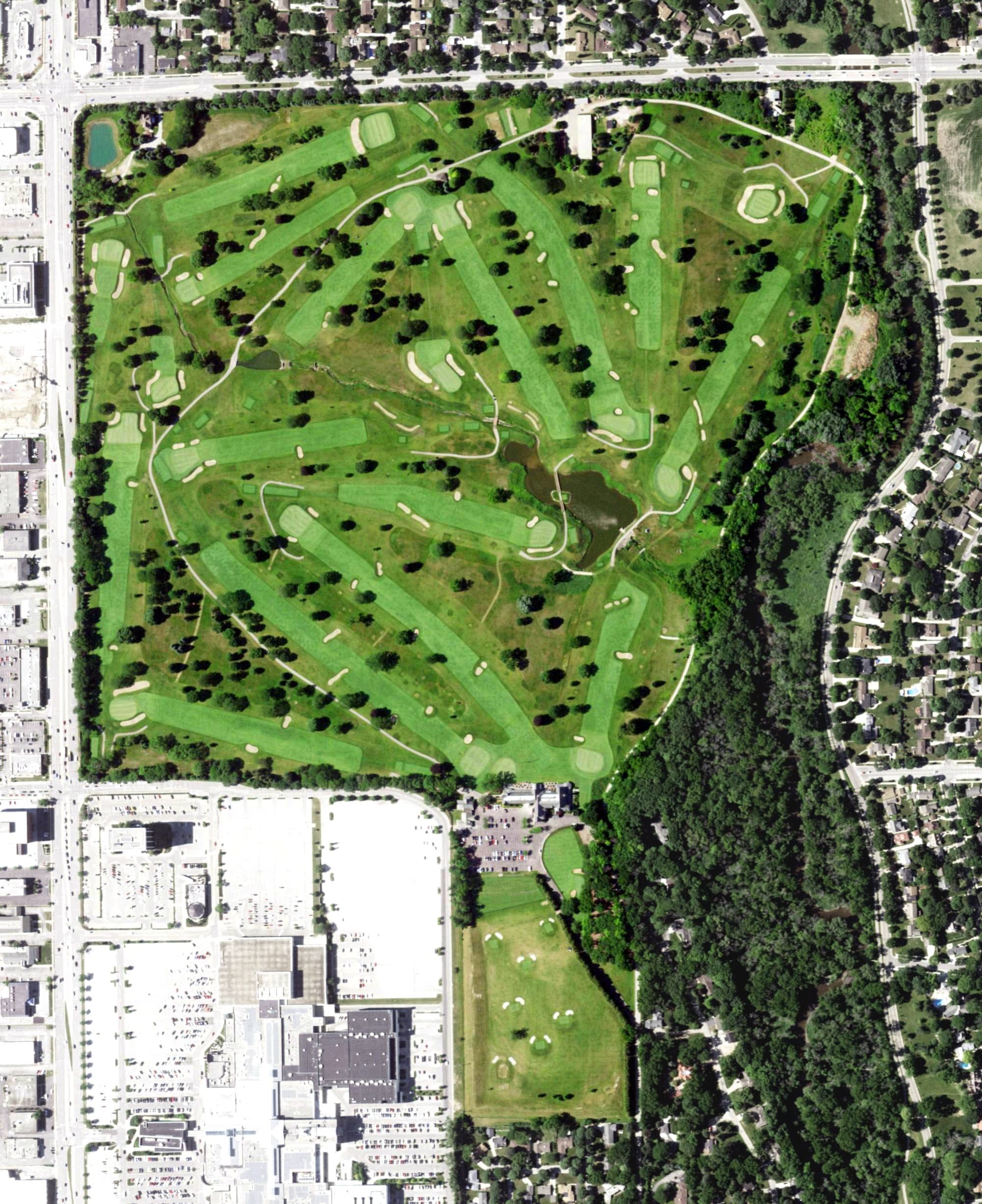 Aerial view of Blue Mound Golf & Country Club, WI, with its hole routing marked