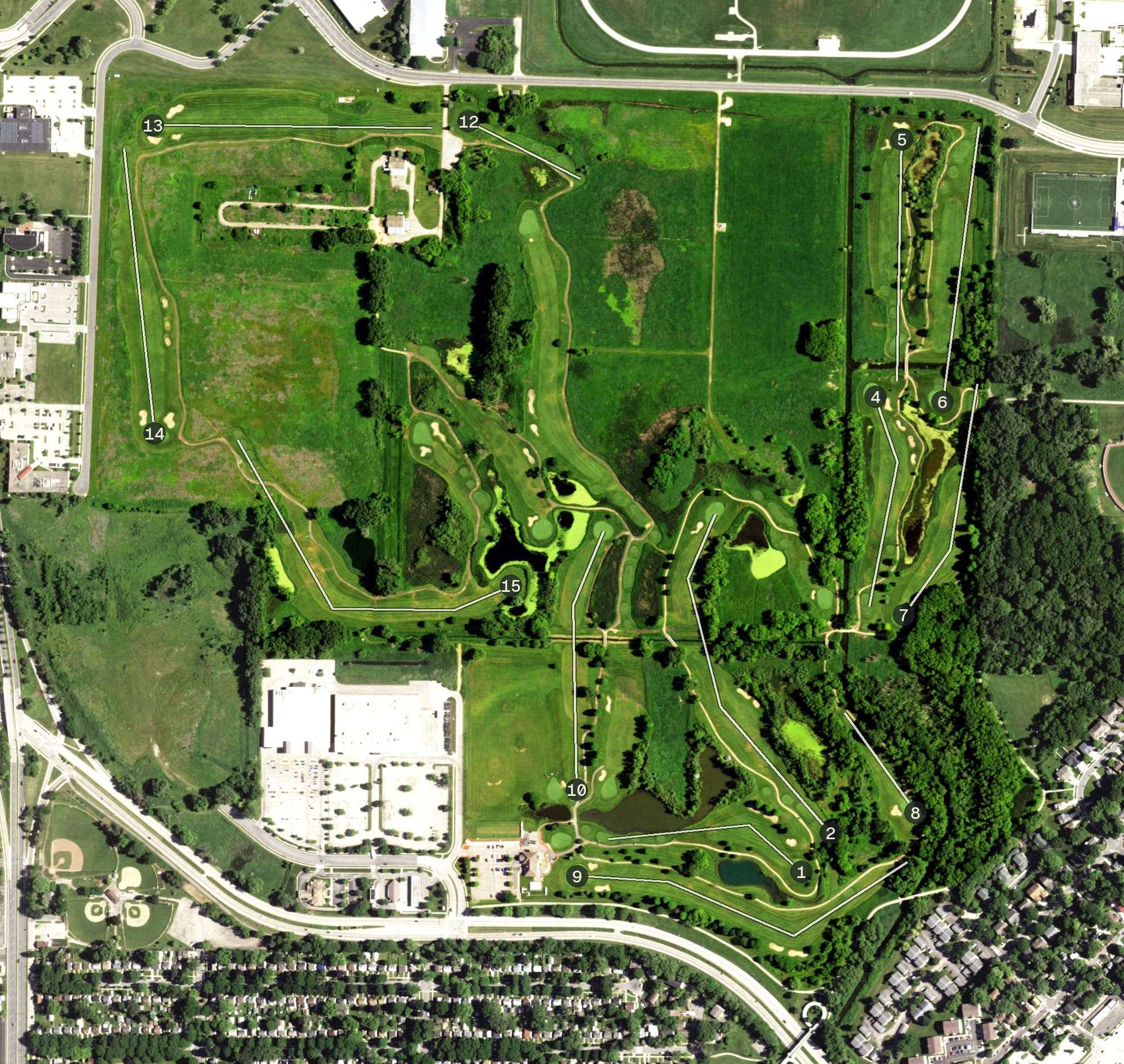 Aerial view of Bridges Golf Course, WI, with its hole routing marked