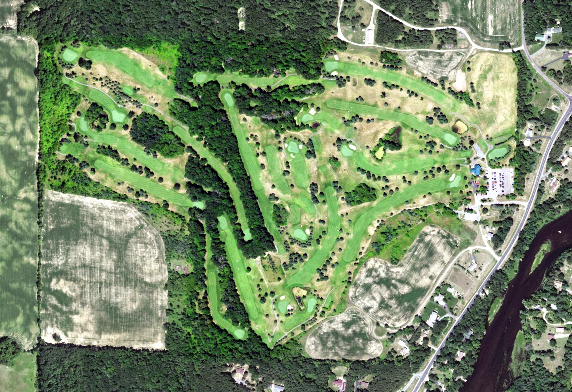 Aerial view of Bristol Ridge Golf Course, WI, with its hole routing marked