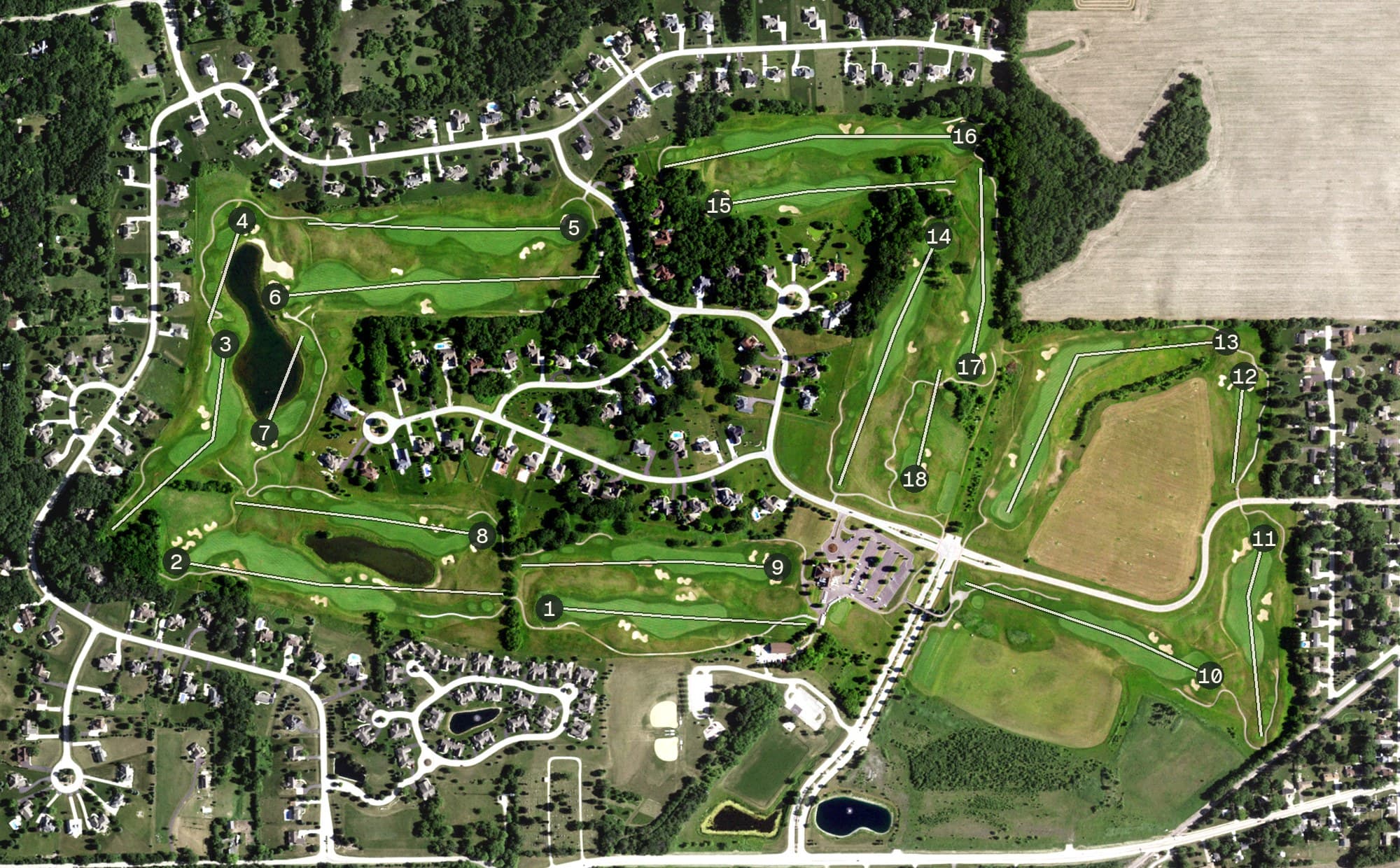 Aerial view of Broadlands Golf Club, WI, with its hole routing marked