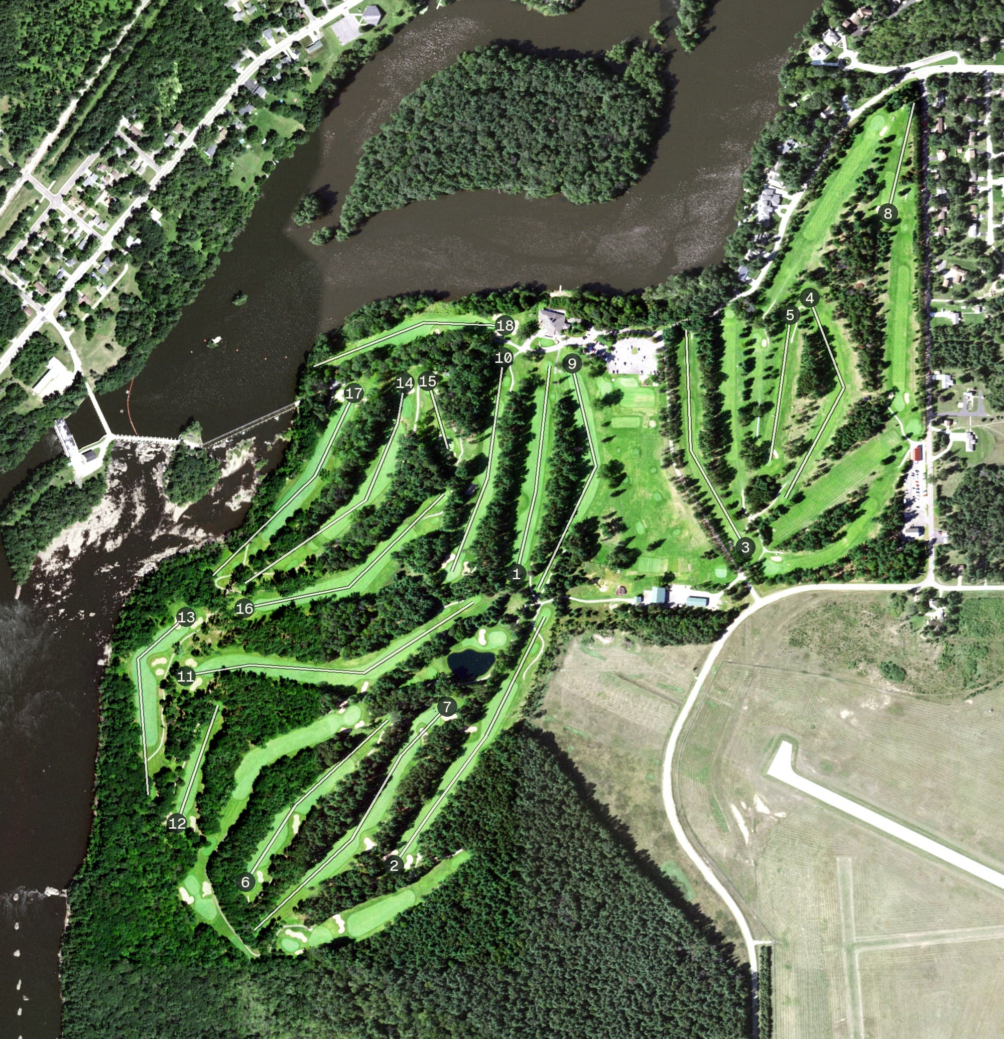 Aerial view of Bull's Eye Country Club, WI, with its hole routing marked