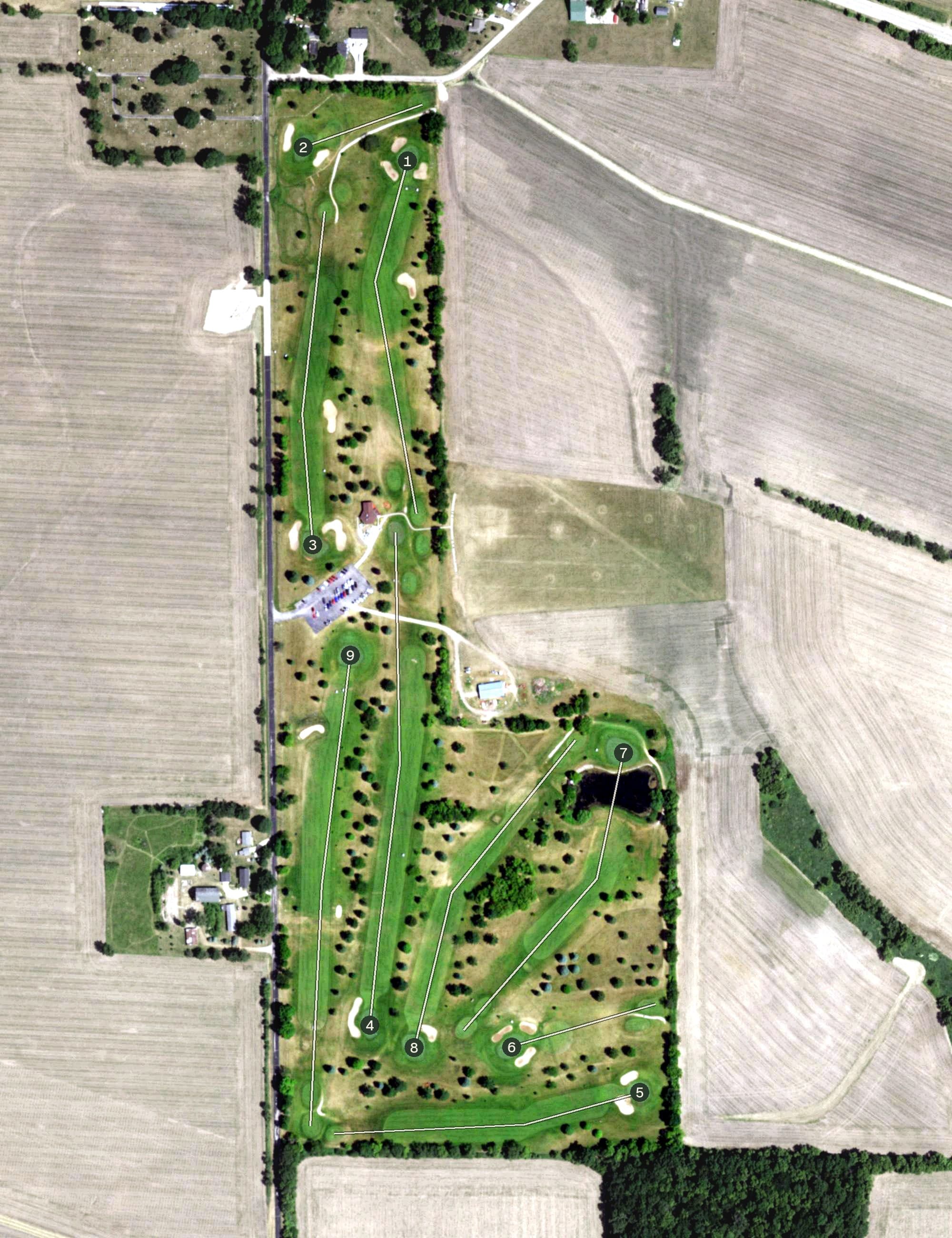 Aerial view of CeCelia's Golf Course, WI, with its hole routing marked