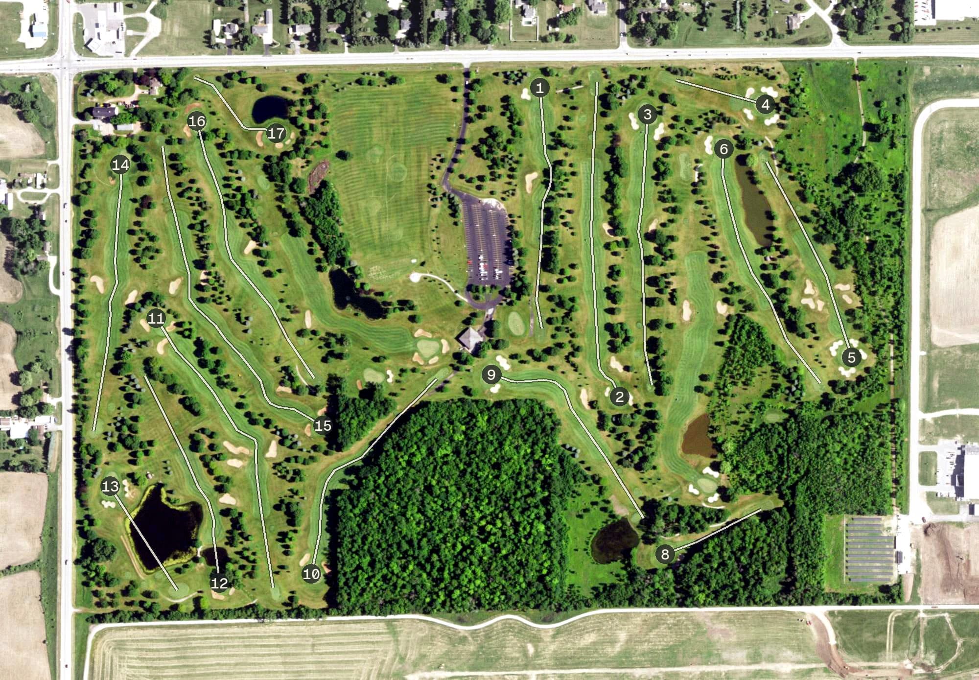 Aerial view of Chaska Golf Course, WI, with its hole routing marked